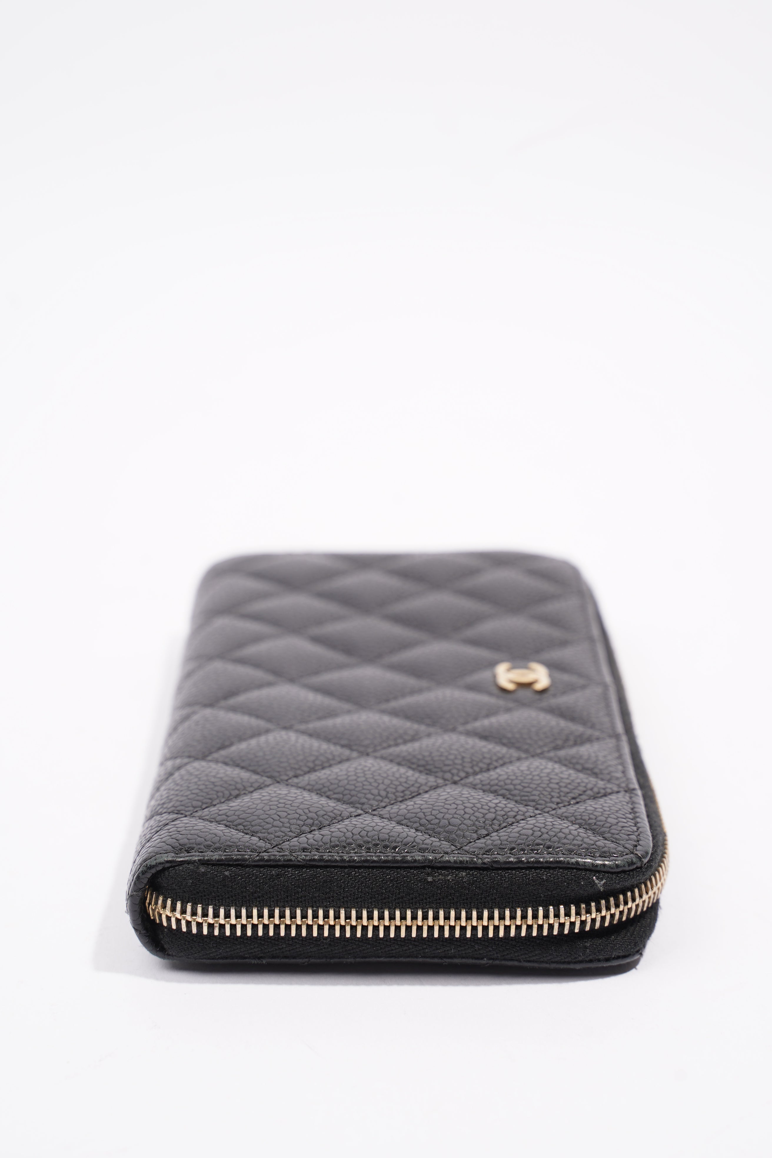 Chanel Quilted Zip Around Wallet Black Caviar Leather Large