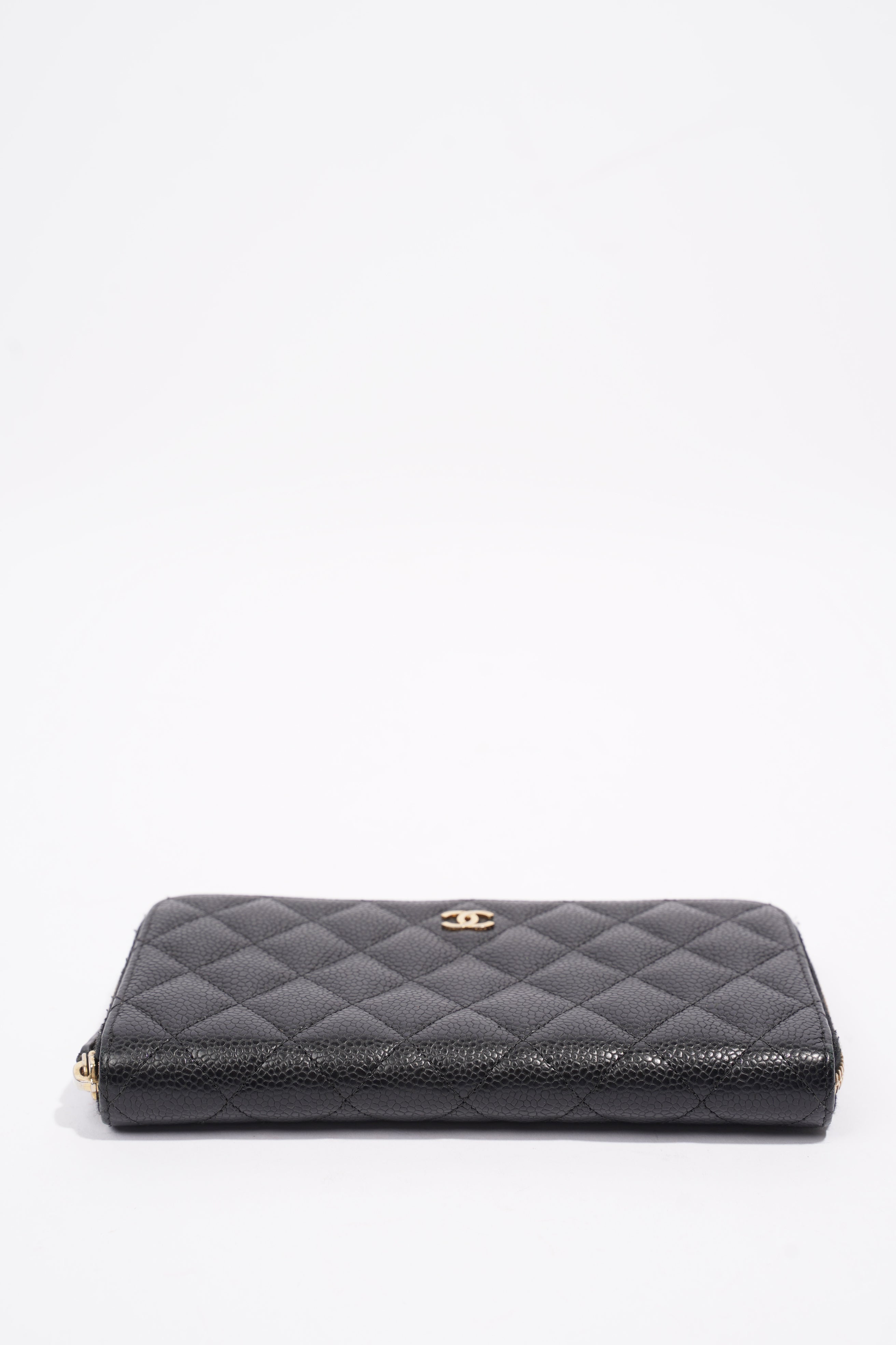 Chanel Quilted Zip Around Wallet Black Caviar Leather Large