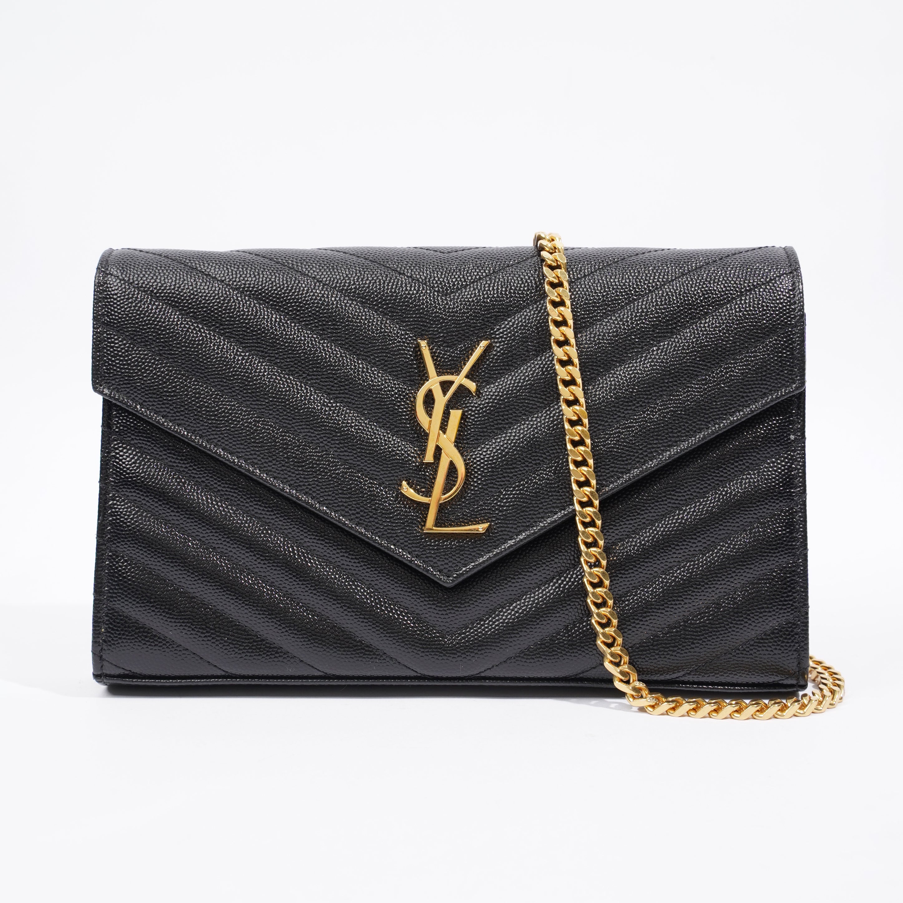 Saint Laurent Cassandre Chain Wallet Black Leather
