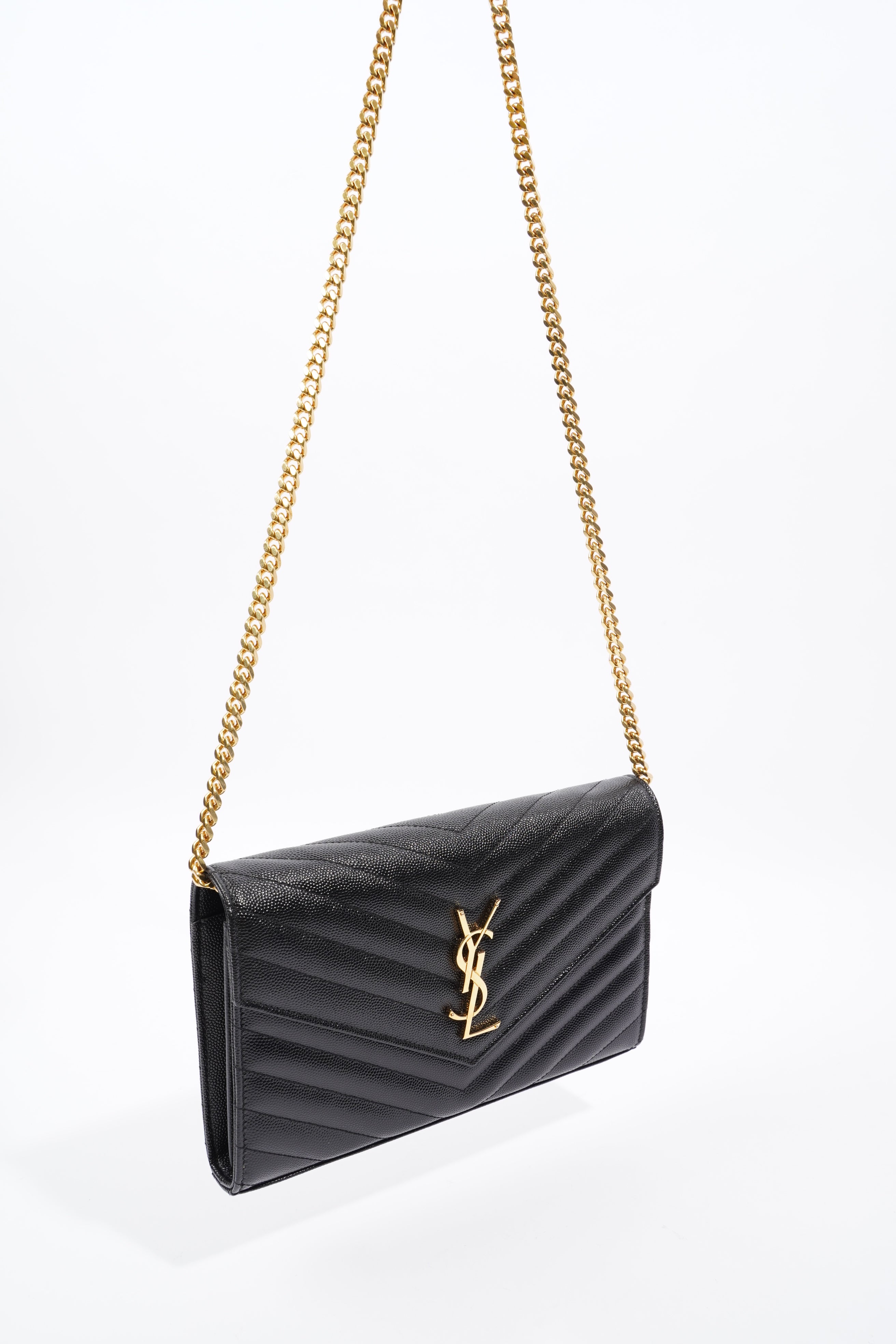 Saint Laurent Cassandre Chain Wallet Black Leather