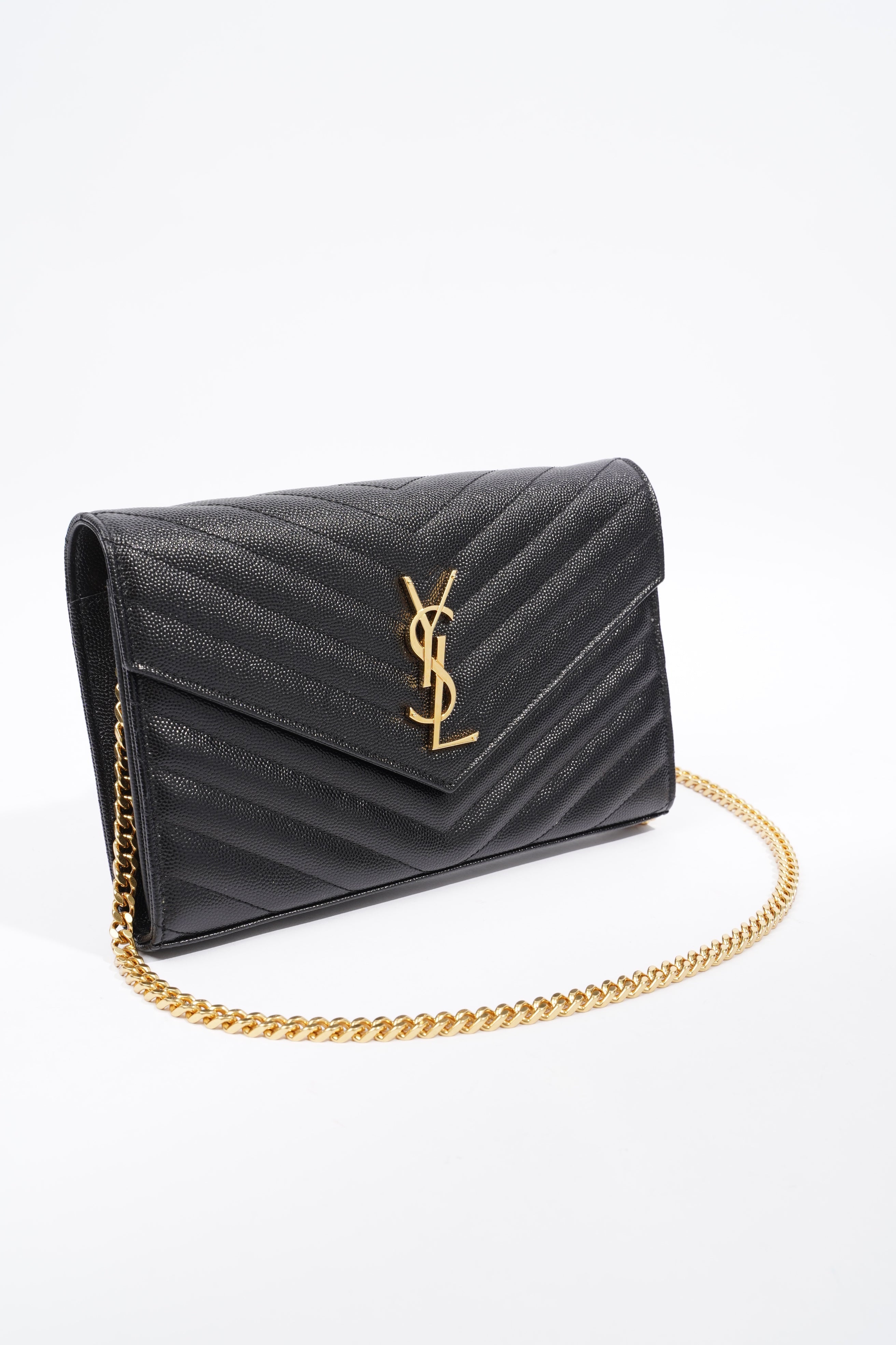 Saint Laurent Cassandre Chain Wallet Black Leather