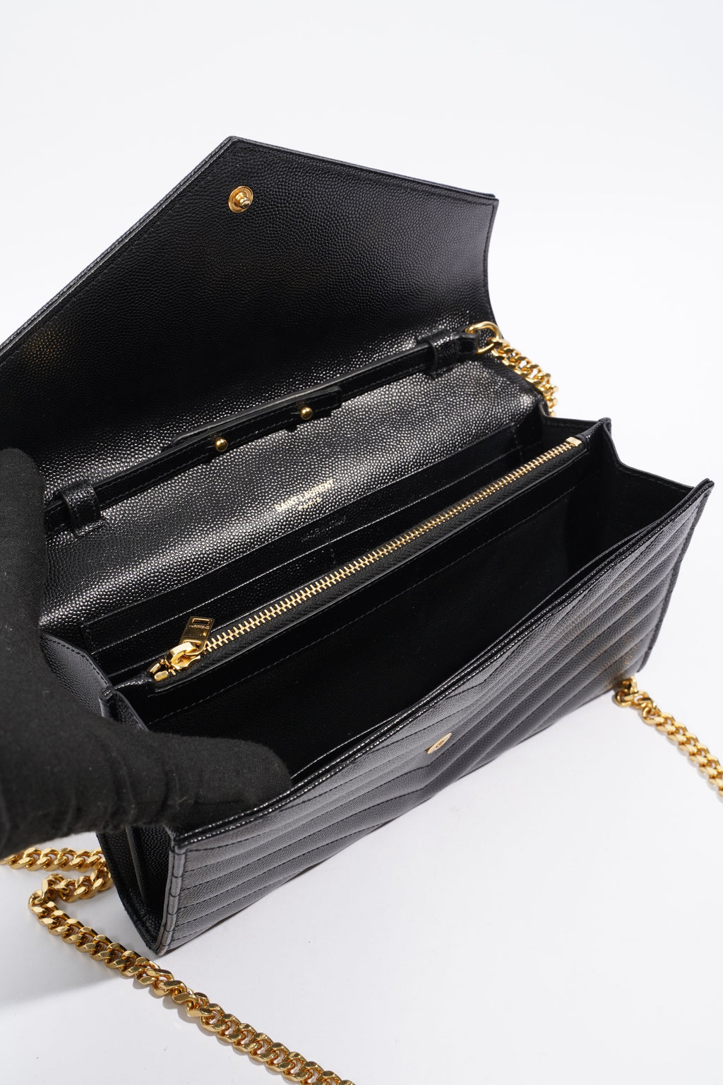 Saint Laurent Cassandre Chain Wallet Black Leather