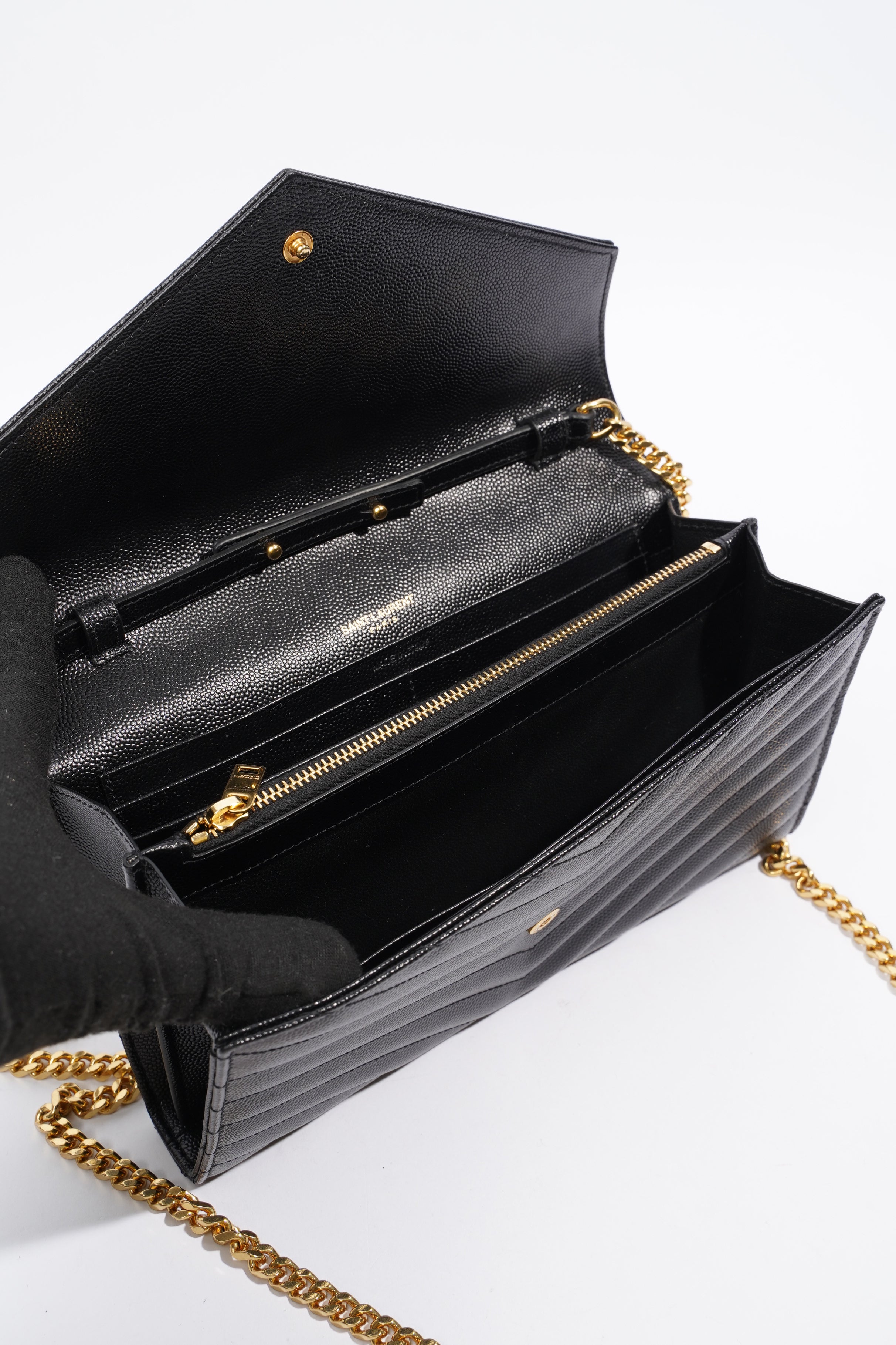 Saint Laurent Cassandre Chain Wallet Black Leather