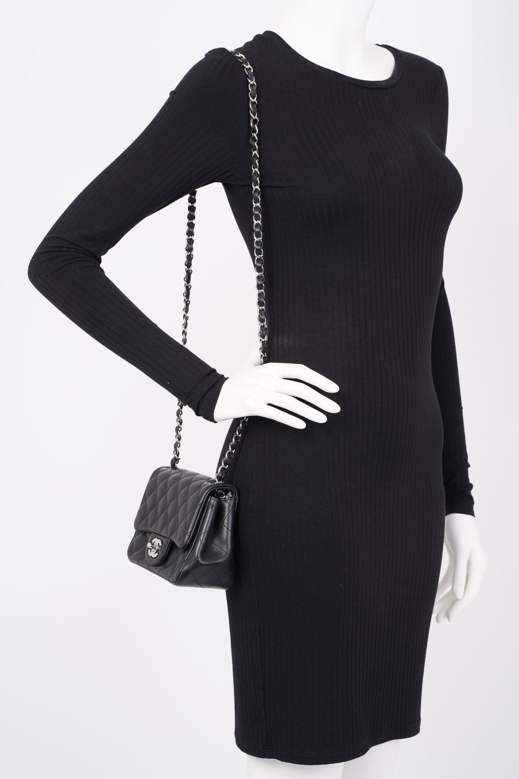 Chanel Square Classic Single Flap Bag Black Lambskin Leather Mini