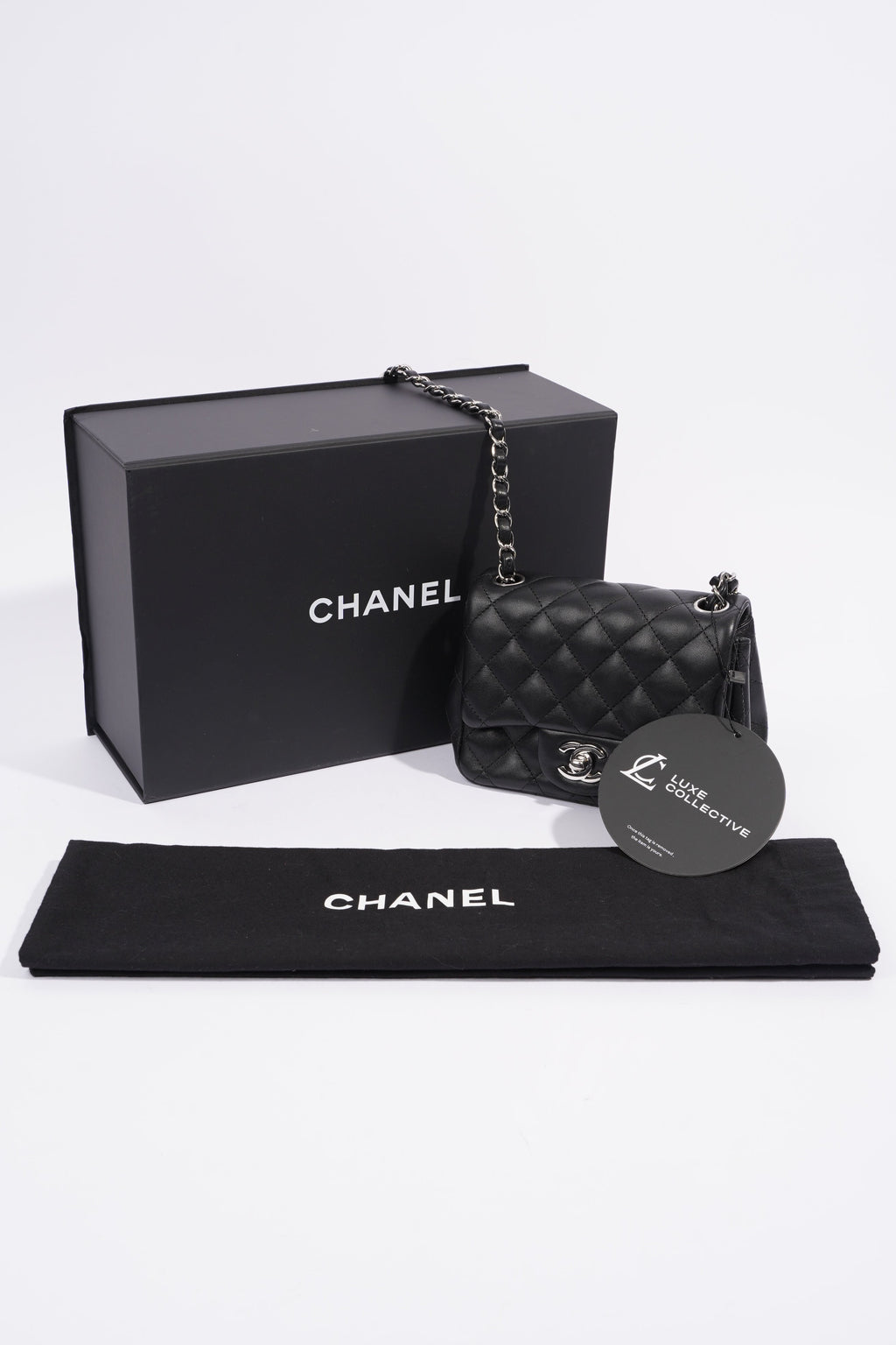 Chanel Square Classic Single Flap Bag Black Lambskin Leather Mini