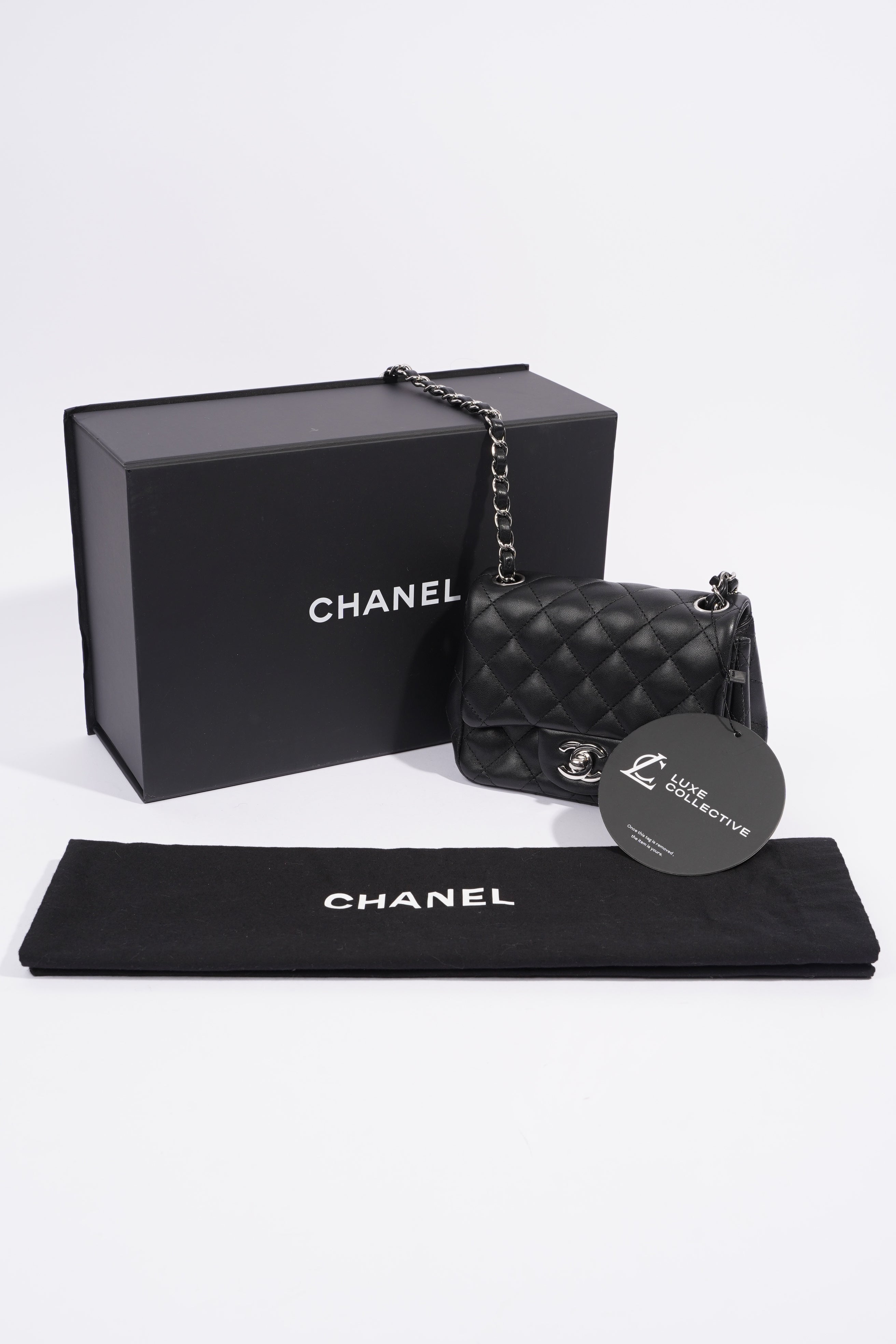 Chanel Square Classic Single Flap Bag Black Lambskin Leather Mini