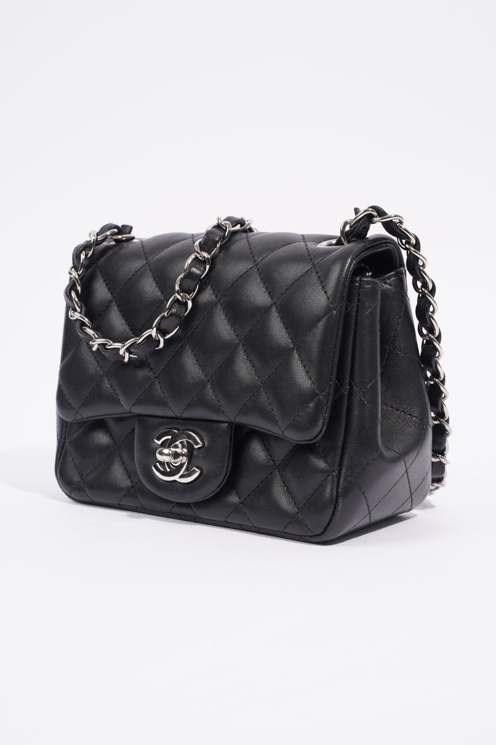Chanel Square Classic Single Flap Bag Black Lambskin Leather Mini