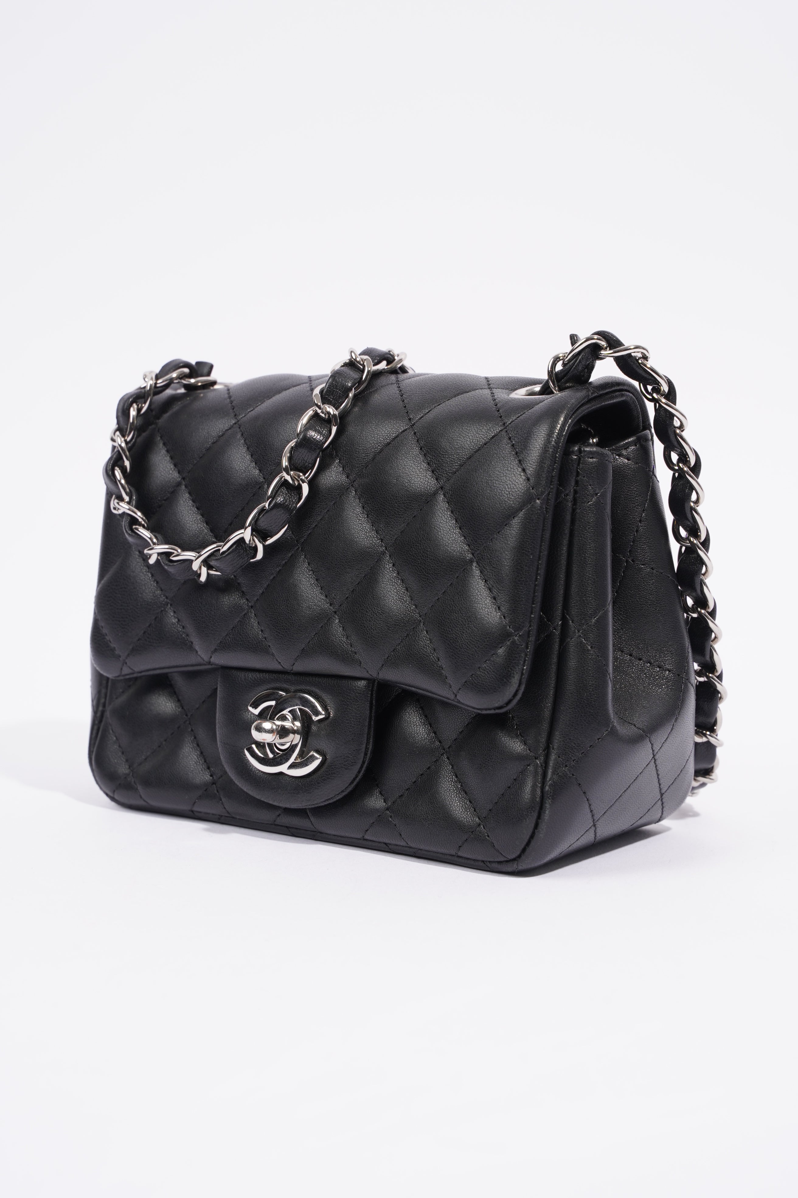 Chanel Square Classic Single Flap Bag Black Lambskin Leather Mini