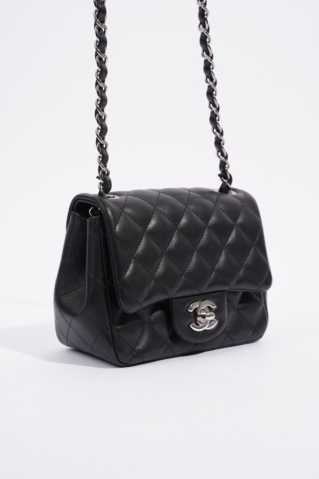 Chanel Square Classic Single Flap Bag Black Lambskin Leather Mini