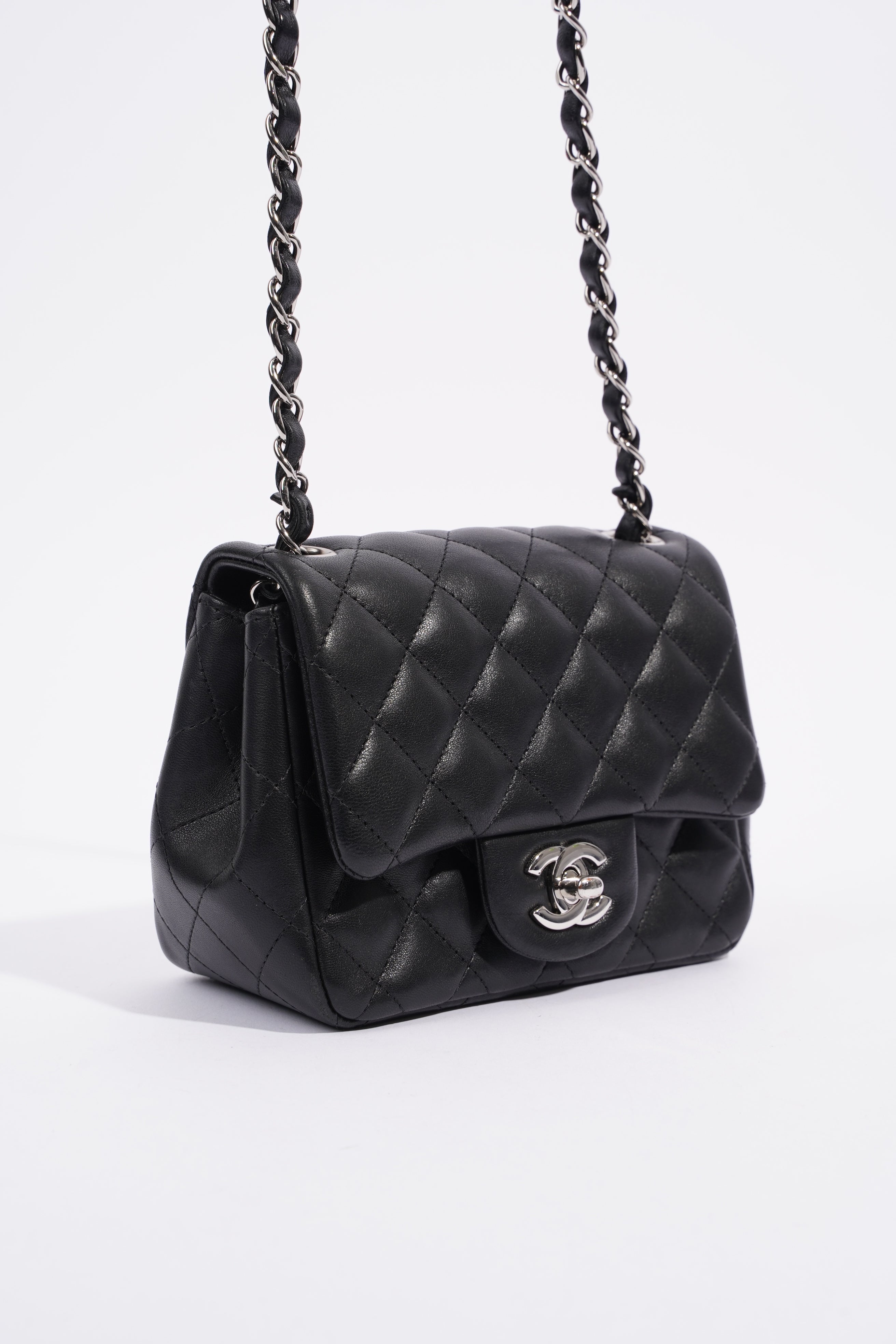 Chanel Square Classic Single Flap Bag Black Lambskin Leather Mini