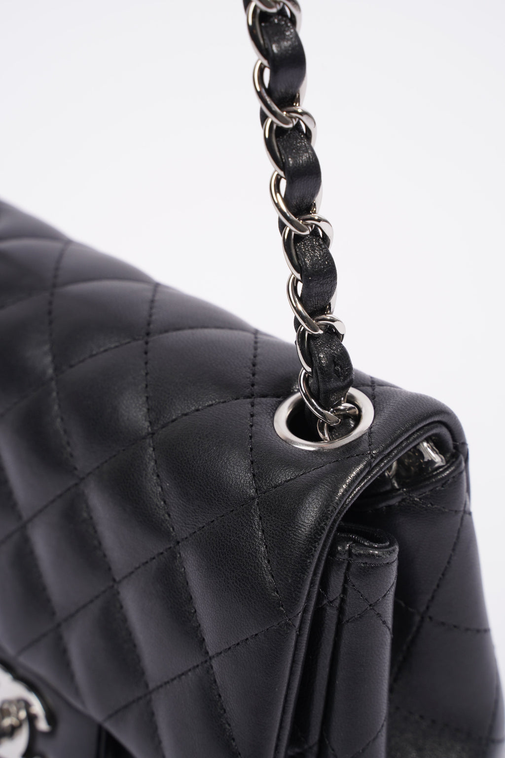Chanel Square Classic Single Flap Bag Black Lambskin Leather Mini