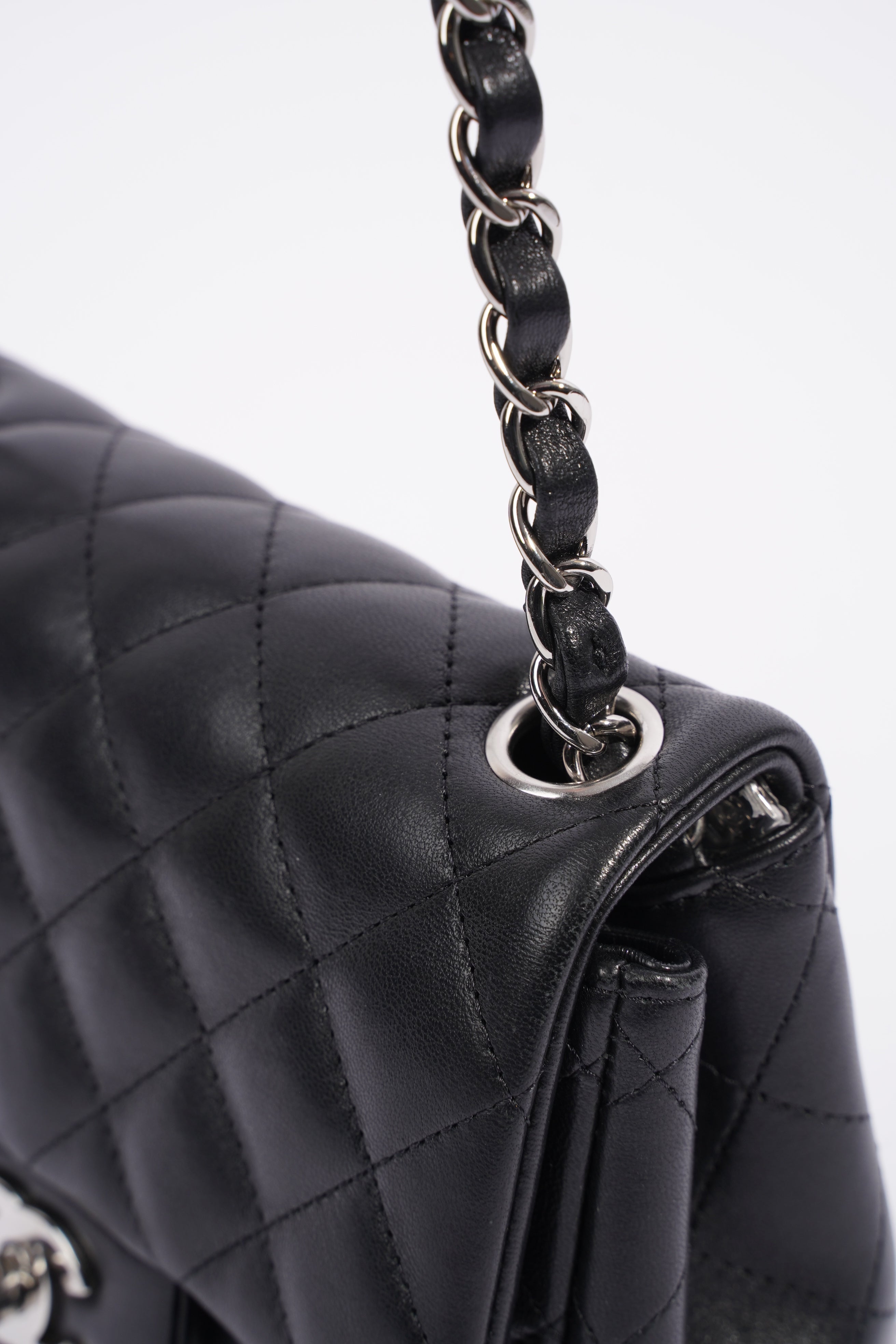 Chanel Square Classic Single Flap Bag Black Lambskin Leather Mini