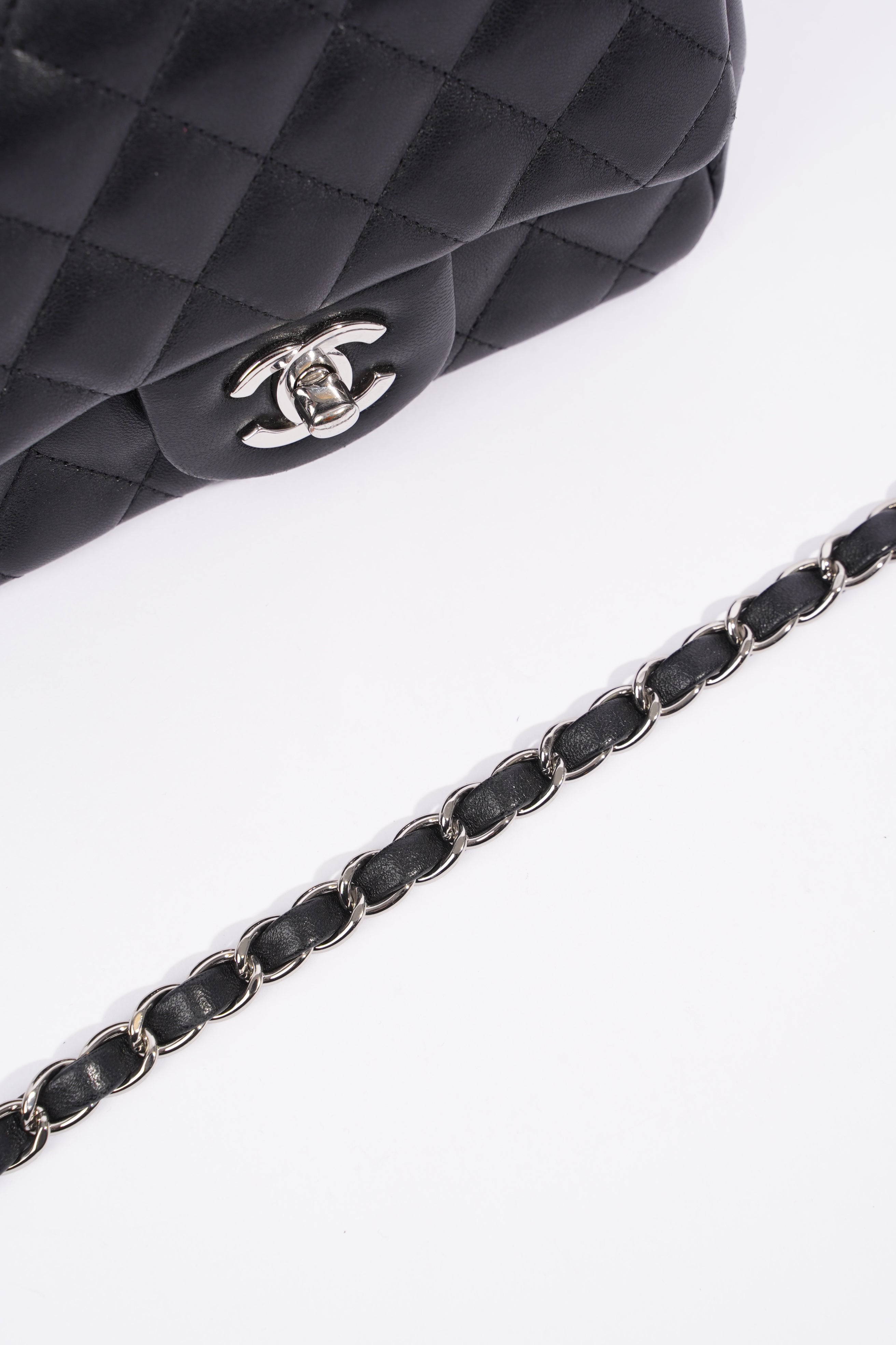 Chanel Square Classic Single Flap Bag Black Lambskin Leather Mini