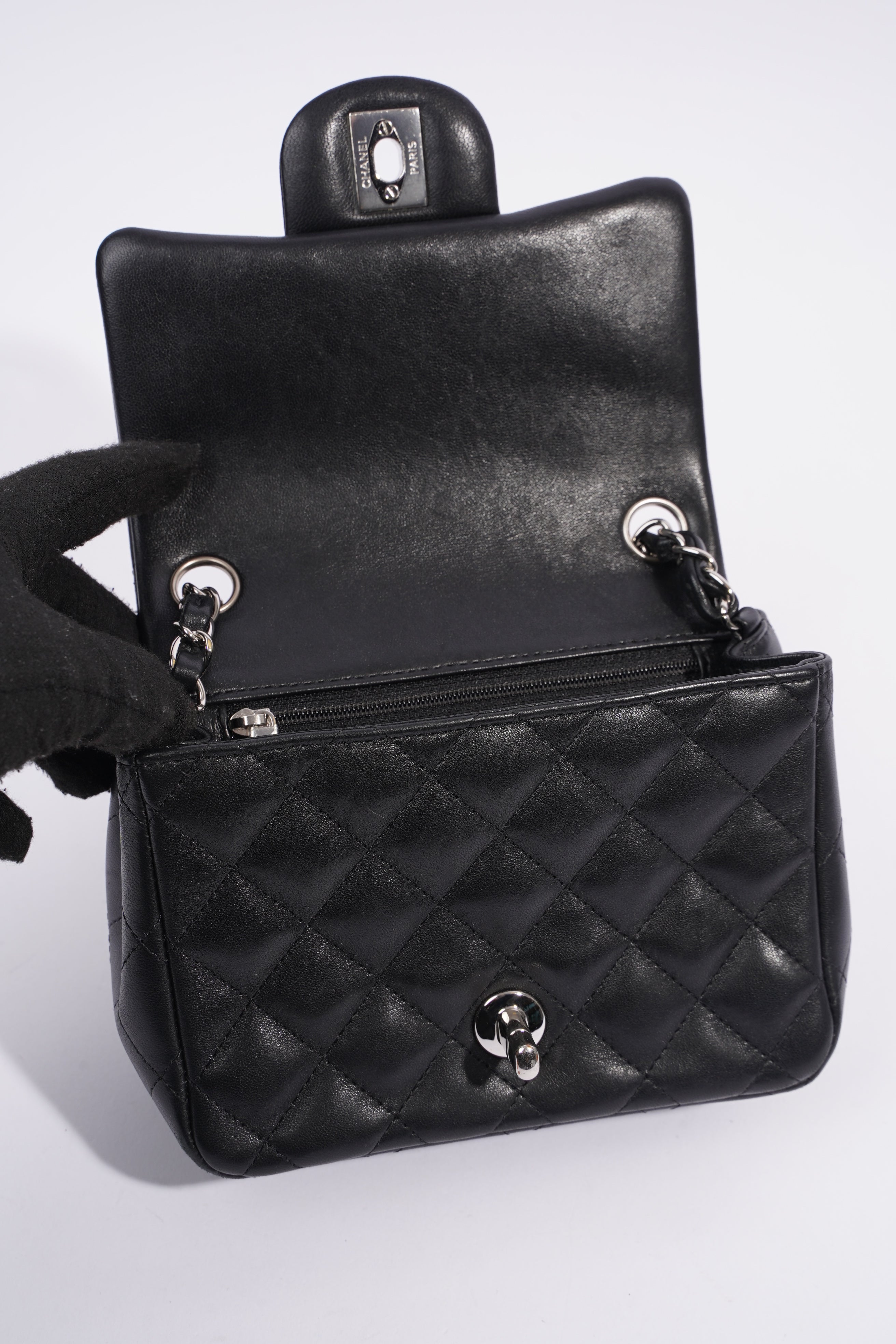 Chanel Square Classic Single Flap Bag Black Lambskin Leather Mini