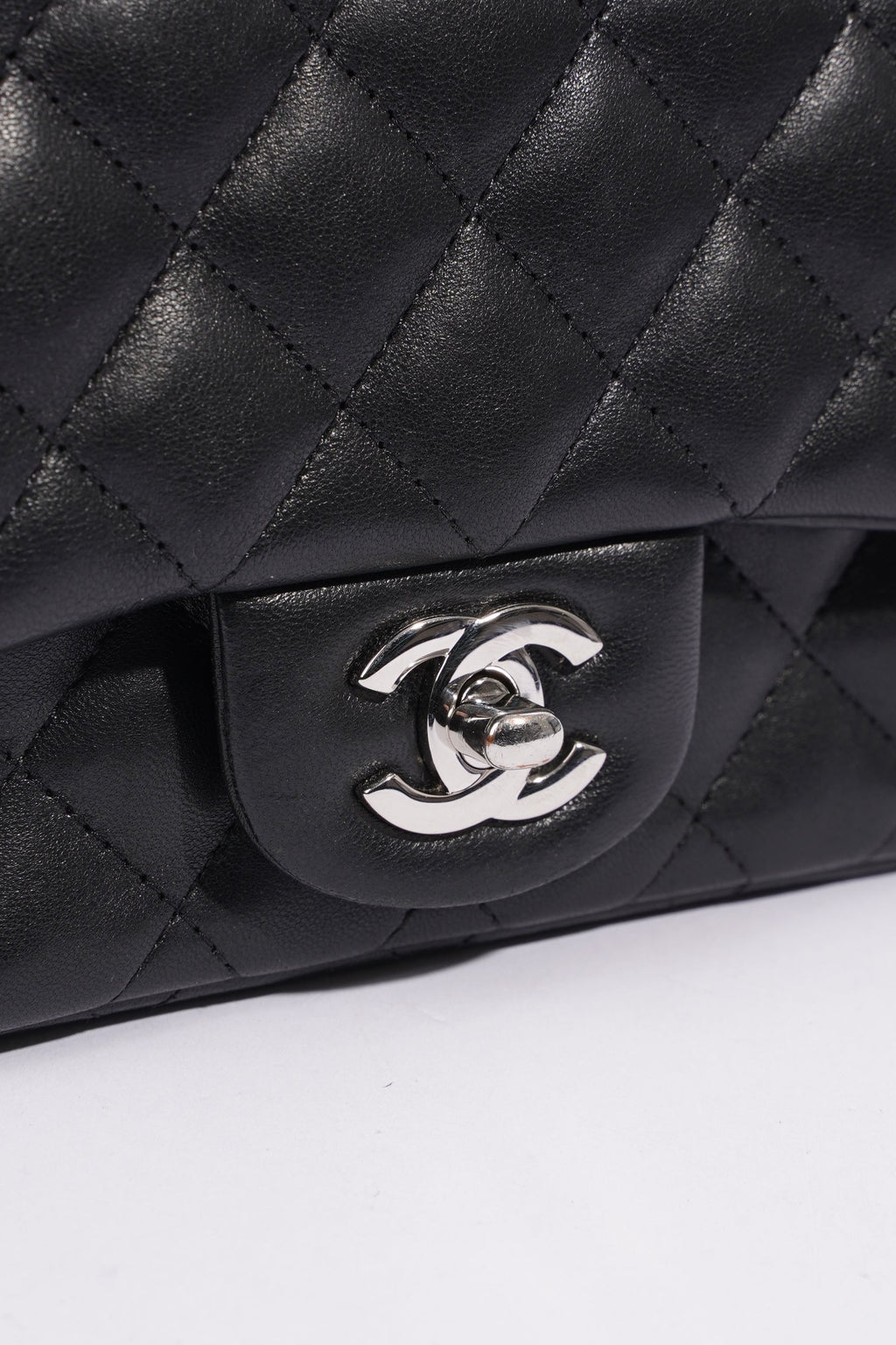 Chanel Square Classic Single Flap Bag Black Lambskin Leather Mini