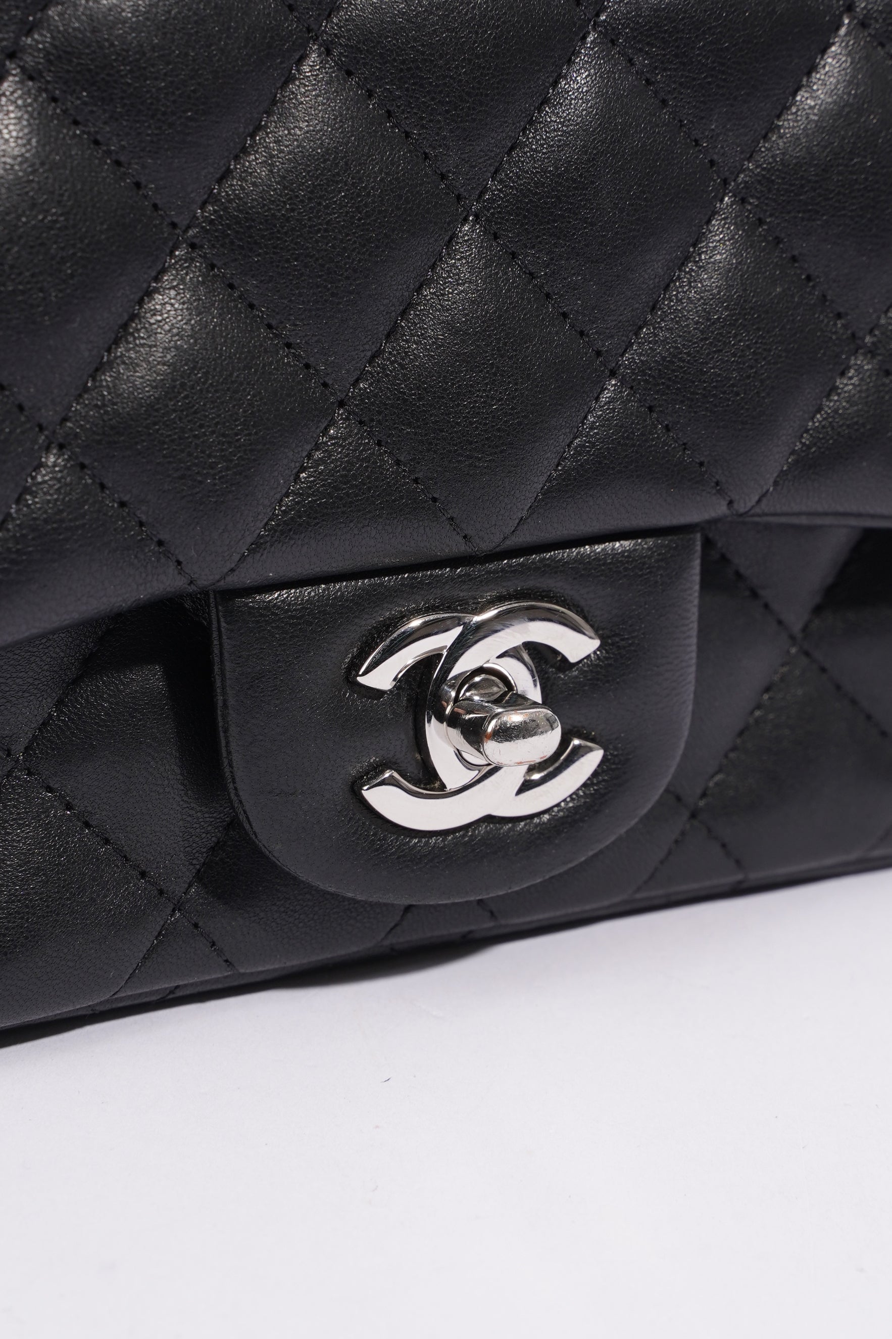 Chanel Square Classic Single Flap Bag Black Lambskin Leather Mini