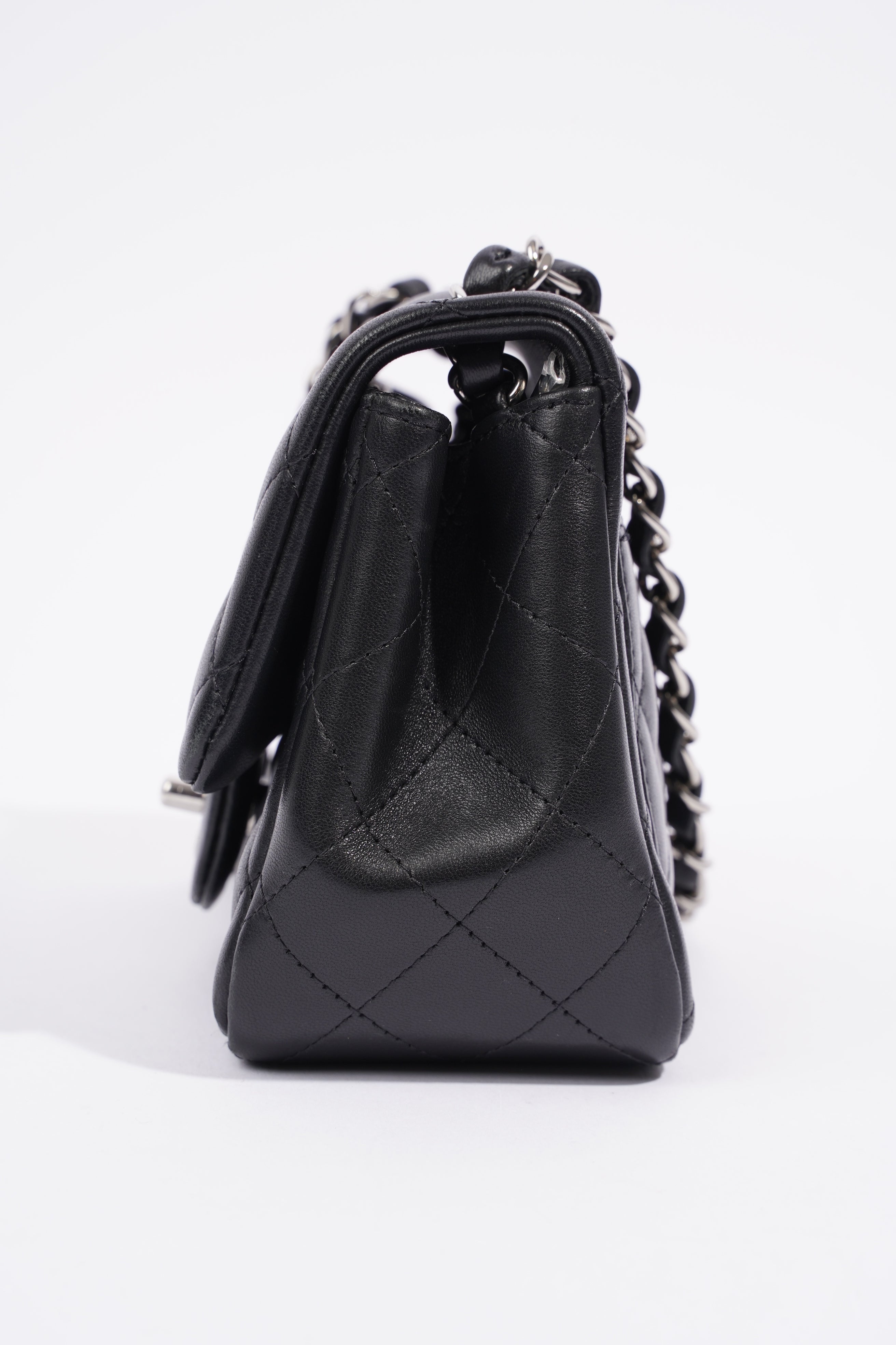 Chanel Square Classic Single Flap Bag Black Lambskin Leather Mini