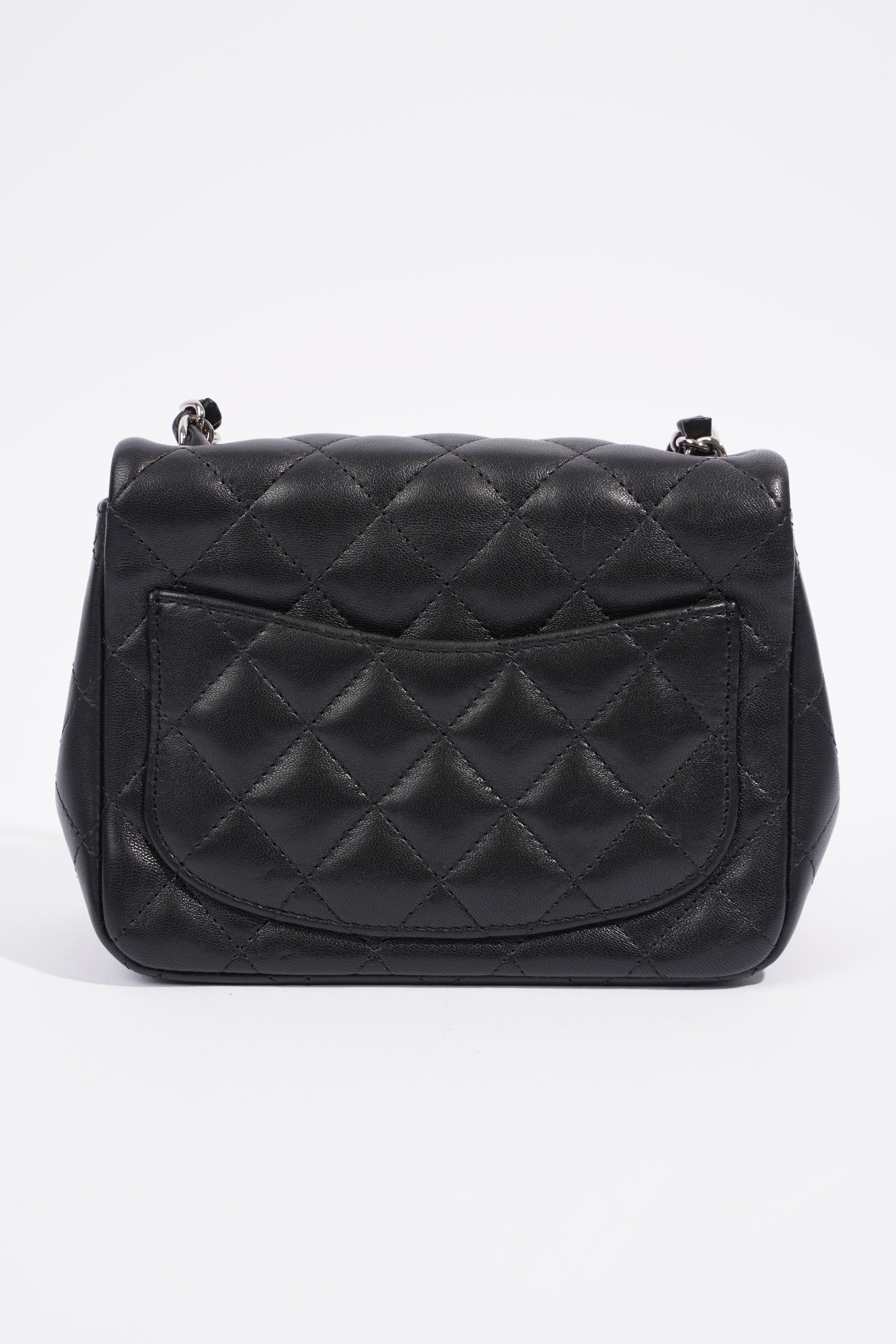 Chanel Square Classic Single Flap Bag Black Lambskin Leather Mini