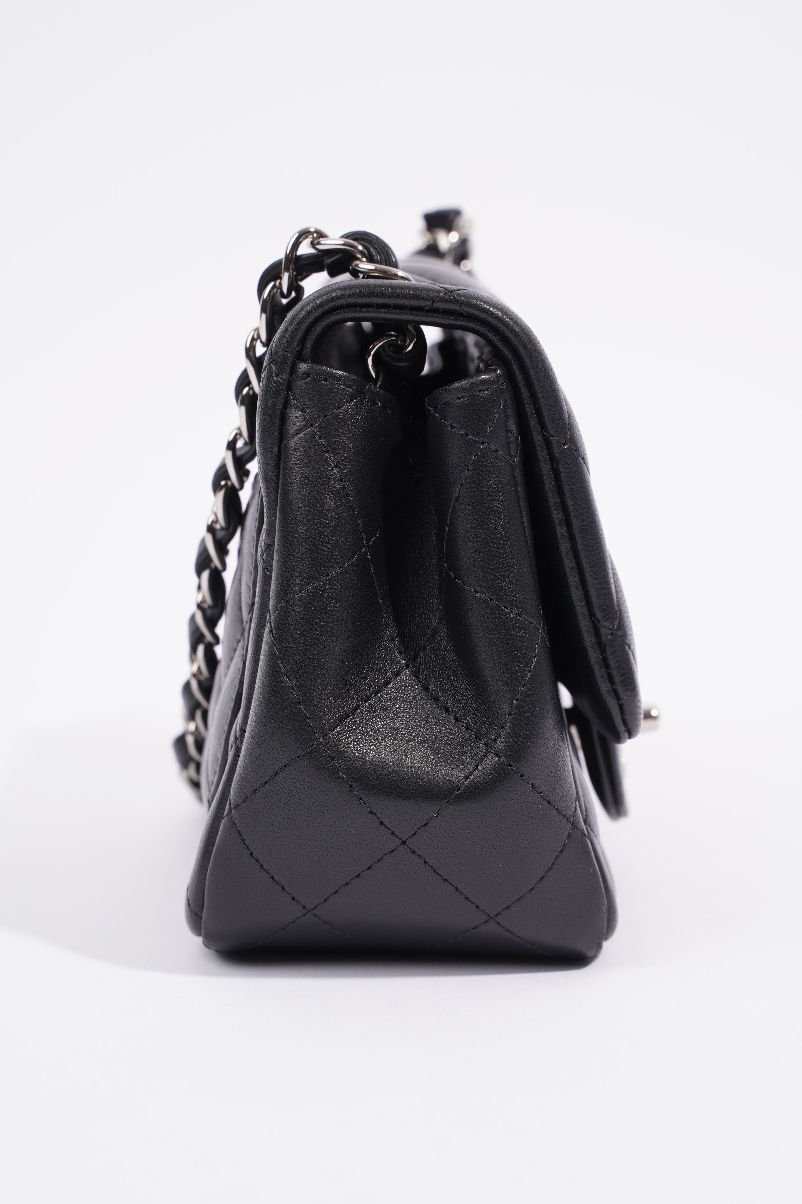 Chanel Square Classic Single Flap Bag Black Lambskin Leather Mini