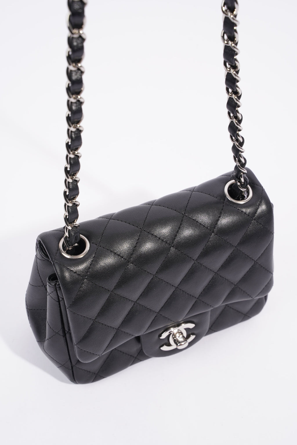 Chanel Square Classic Single Flap Bag Black Lambskin Leather Mini