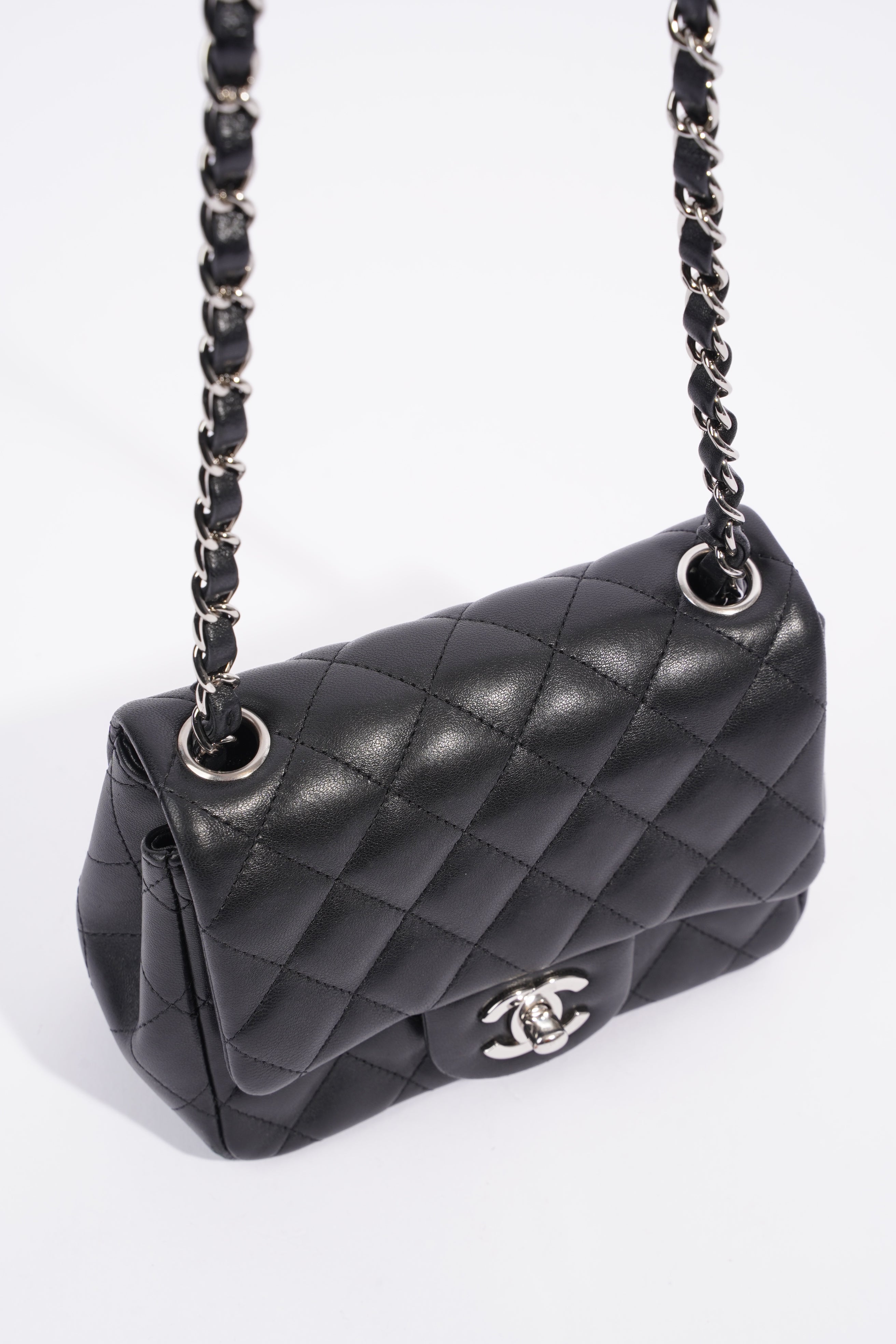 Chanel Square Classic Single Flap Bag Black Lambskin Leather Mini