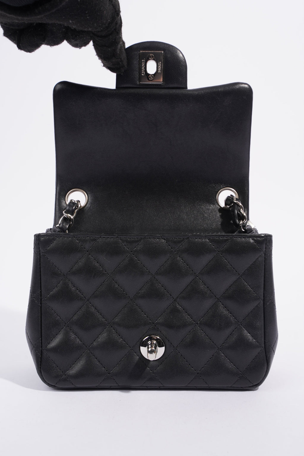 Chanel Square Classic Single Flap Bag Black Lambskin Leather Mini