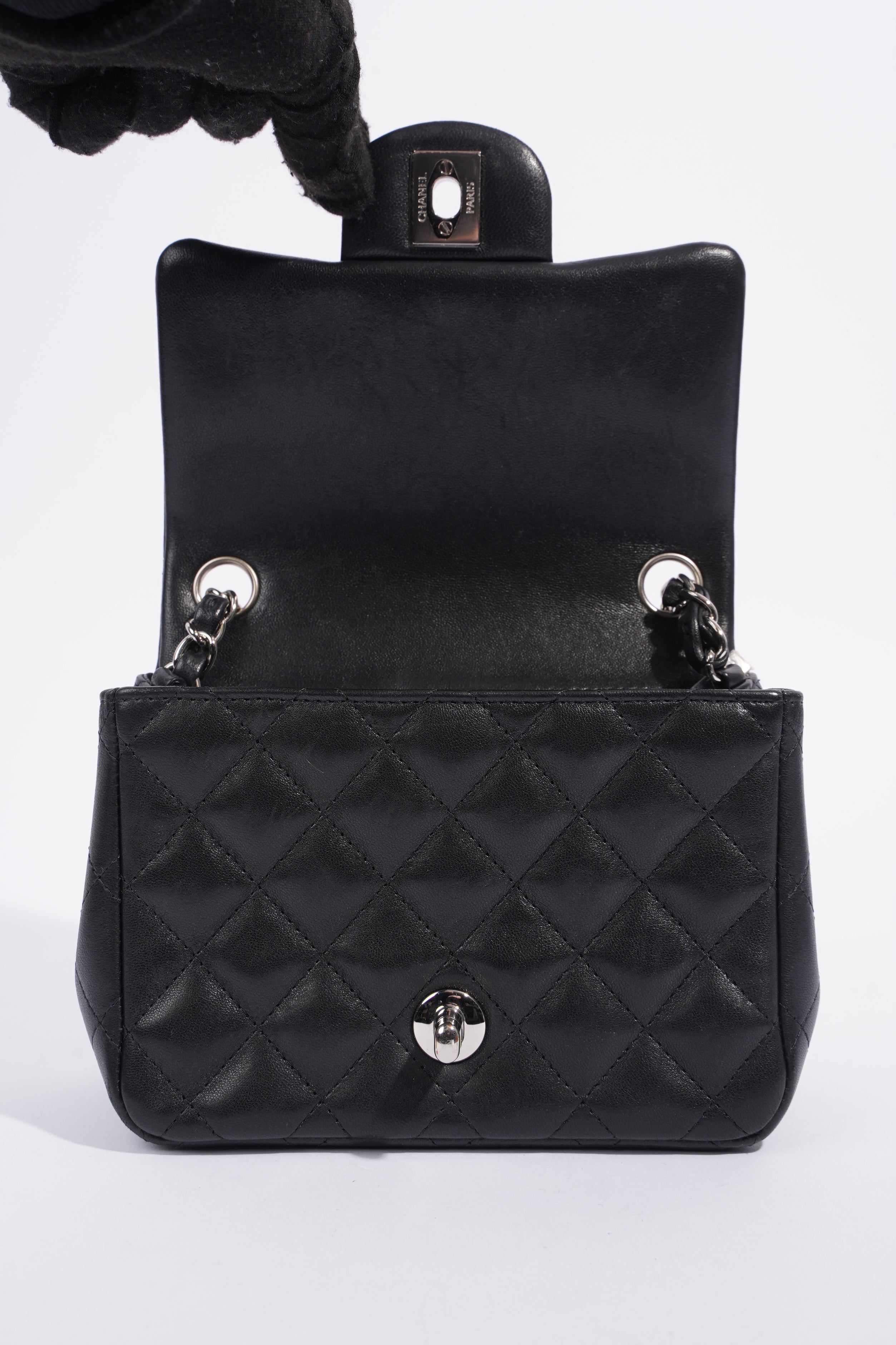 Chanel Square Classic Single Flap Bag Black Lambskin Leather Mini