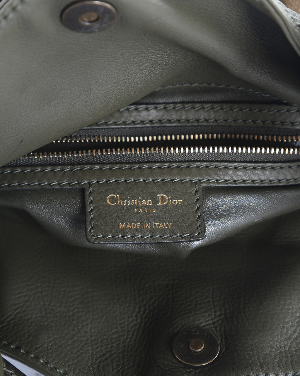 CHRISTIAN DIOR Olive Green Calfskin Leather Woven Pocket Satchel Bag