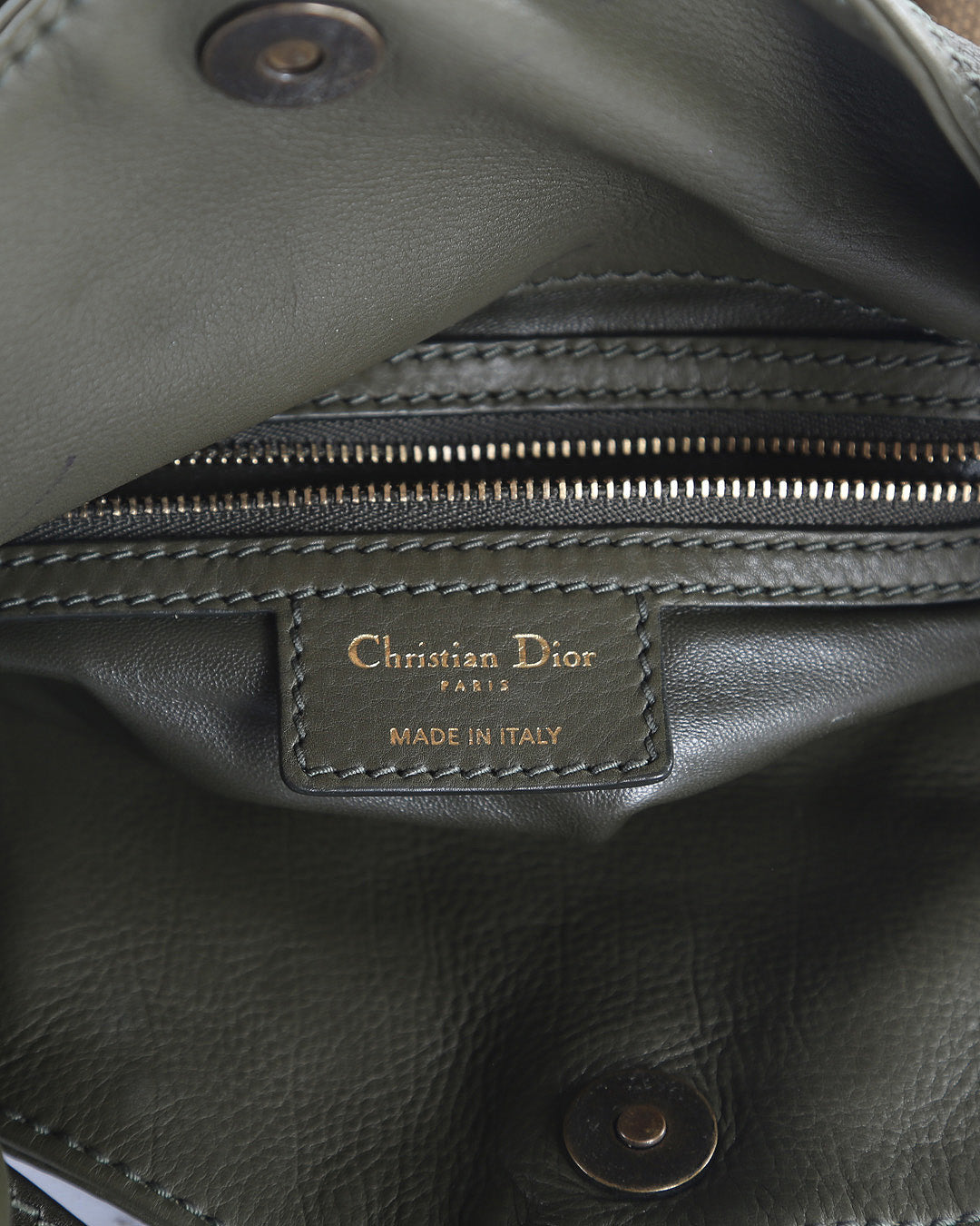 CHRISTIAN DIOR Olive Green Calfskin Leather Woven Pocket Satchel Bag
