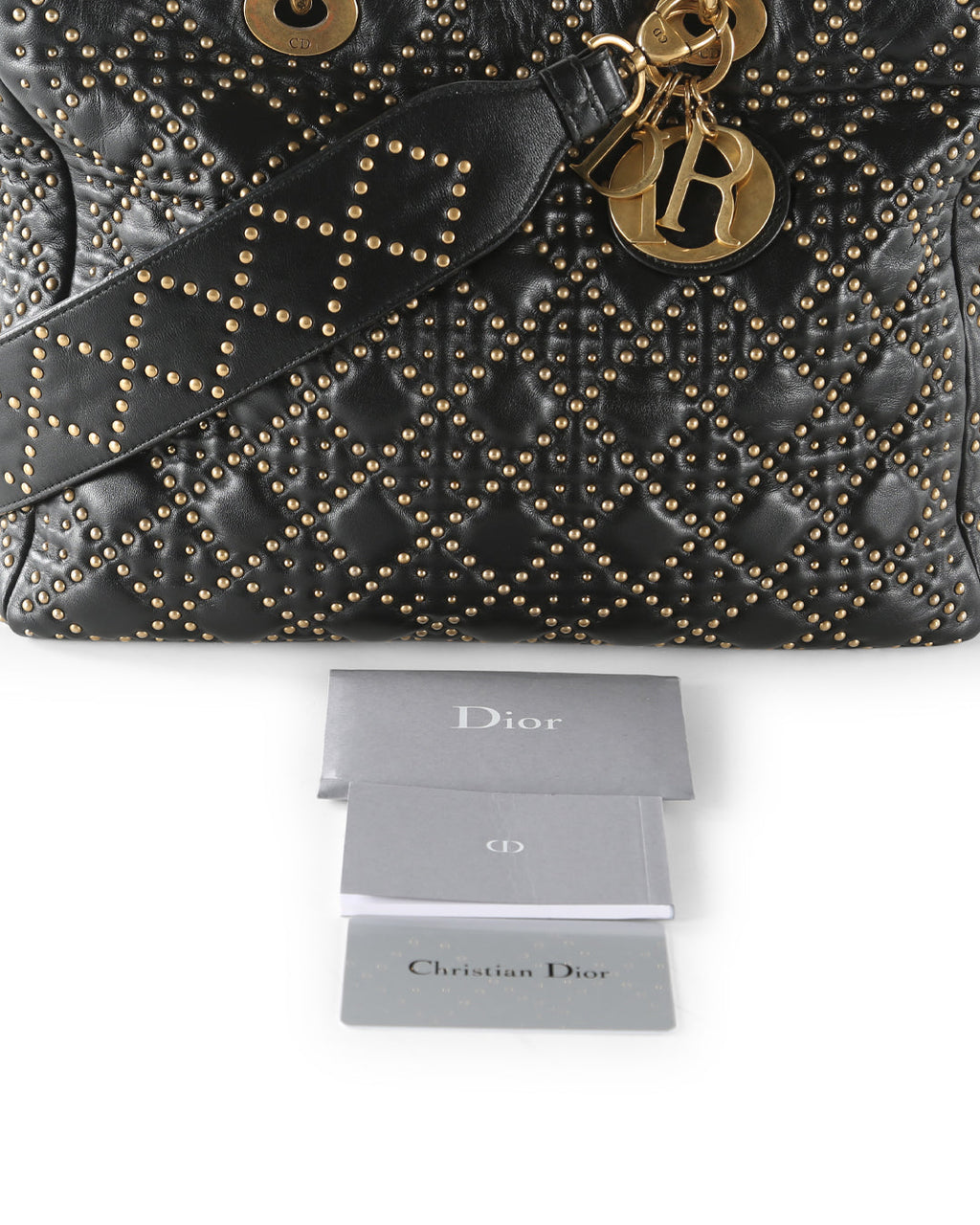 CHRISTIAN DIOR Supple Black Cannage Studded Leather Lady Dior Large Bag With Long Strap