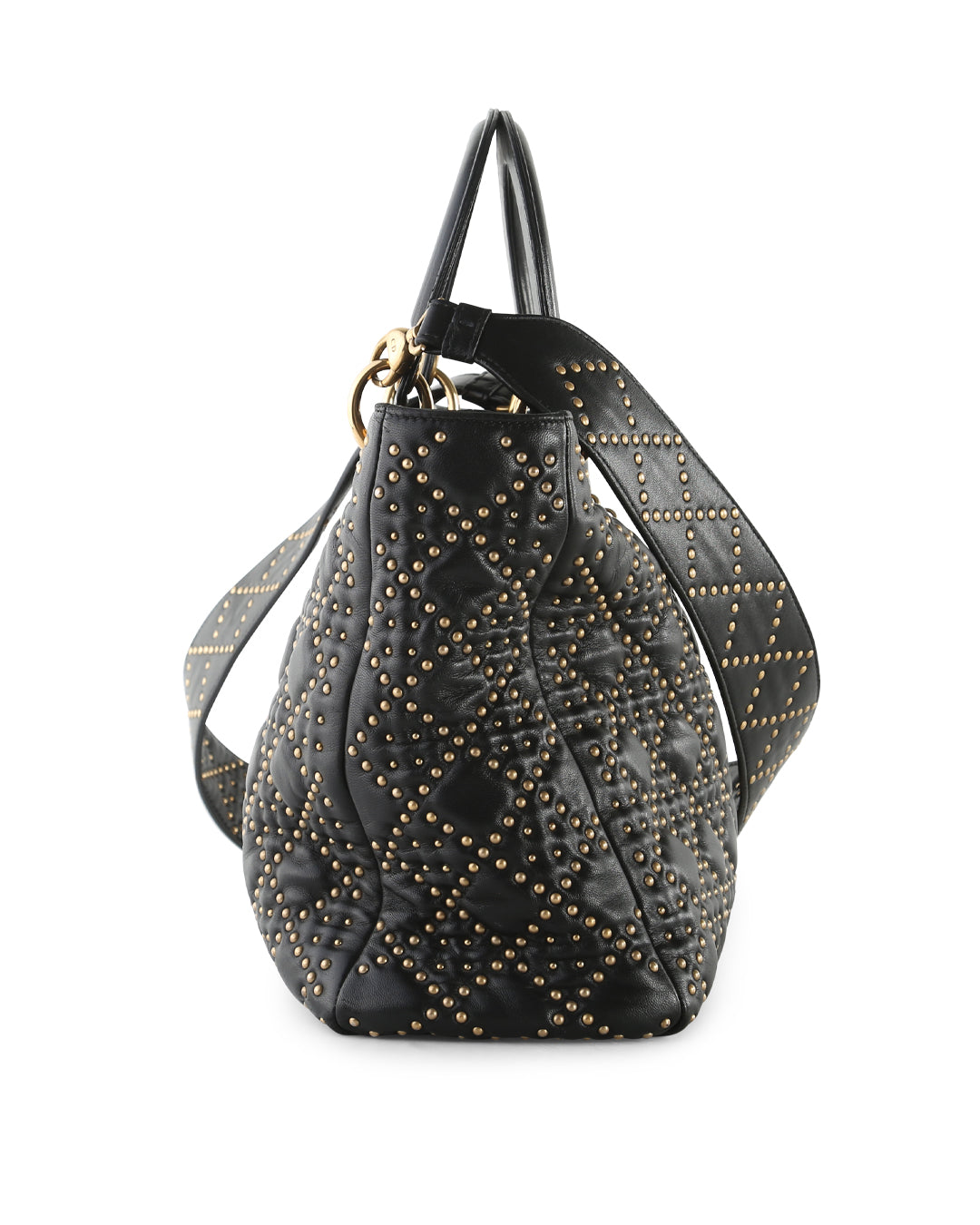 CHRISTIAN DIOR Supple Black Cannage Studded Leather Lady Dior Large Bag With Long Strap