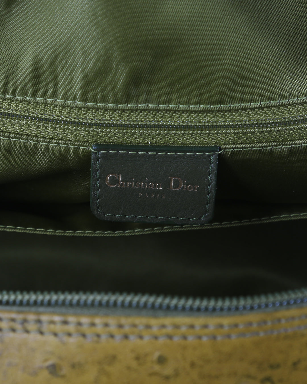 CHRISTIAN DIOR Olive Green Ostrich Leather Medium Saddle Bowler Bag