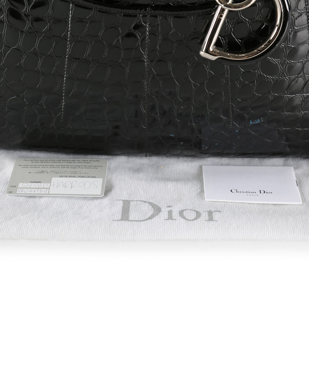 CHRISTIAN DIOR Black Crocodile Embossed Patent Leather 61 Large Shoulder Bag