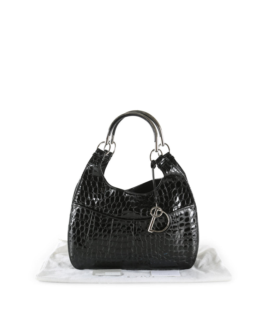 CHRISTIAN DIOR Black Crocodile Embossed Patent Leather 61 Large Shoulder Bag