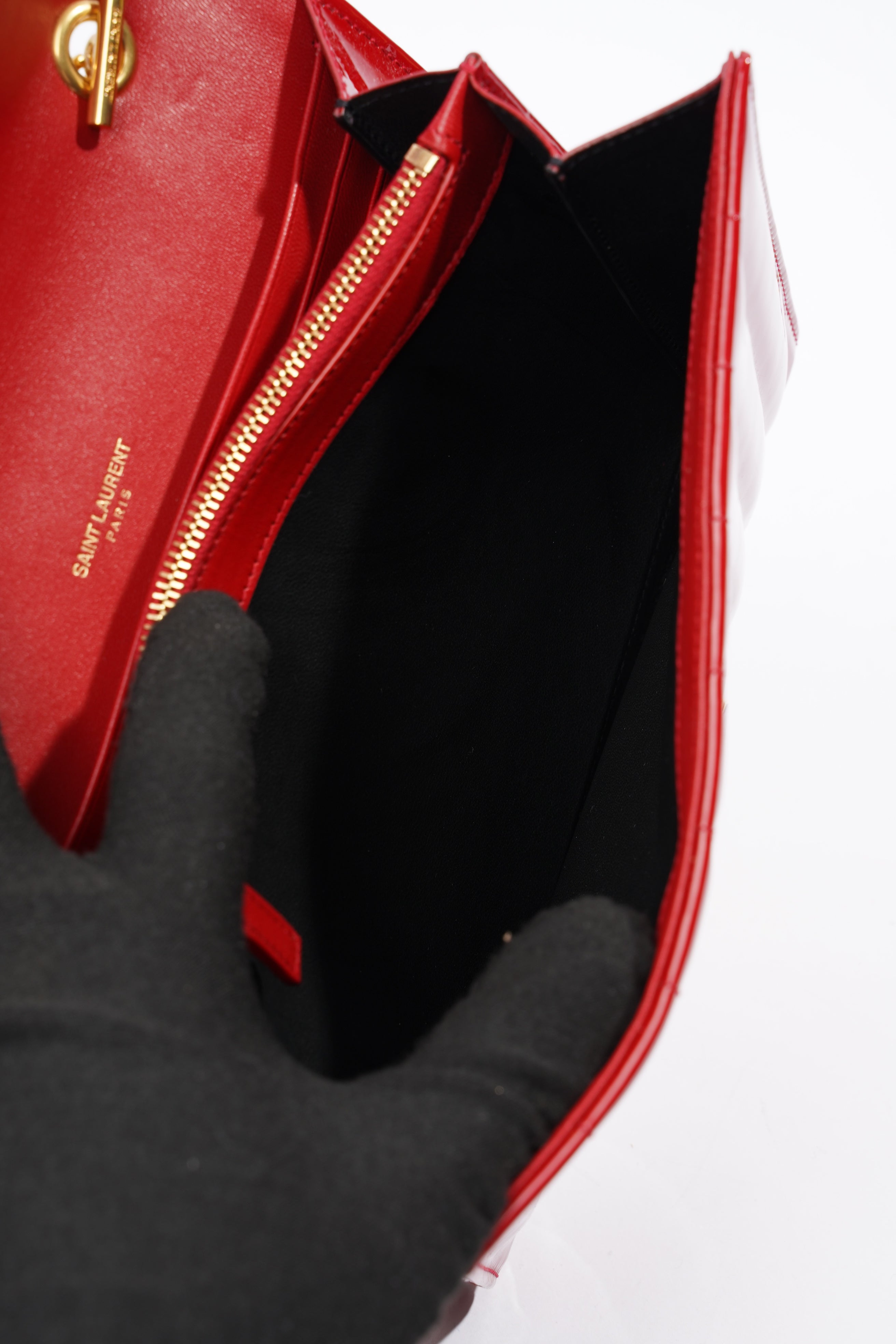 Saint Laurent Vicky Chain Wallet Red Patent Leather