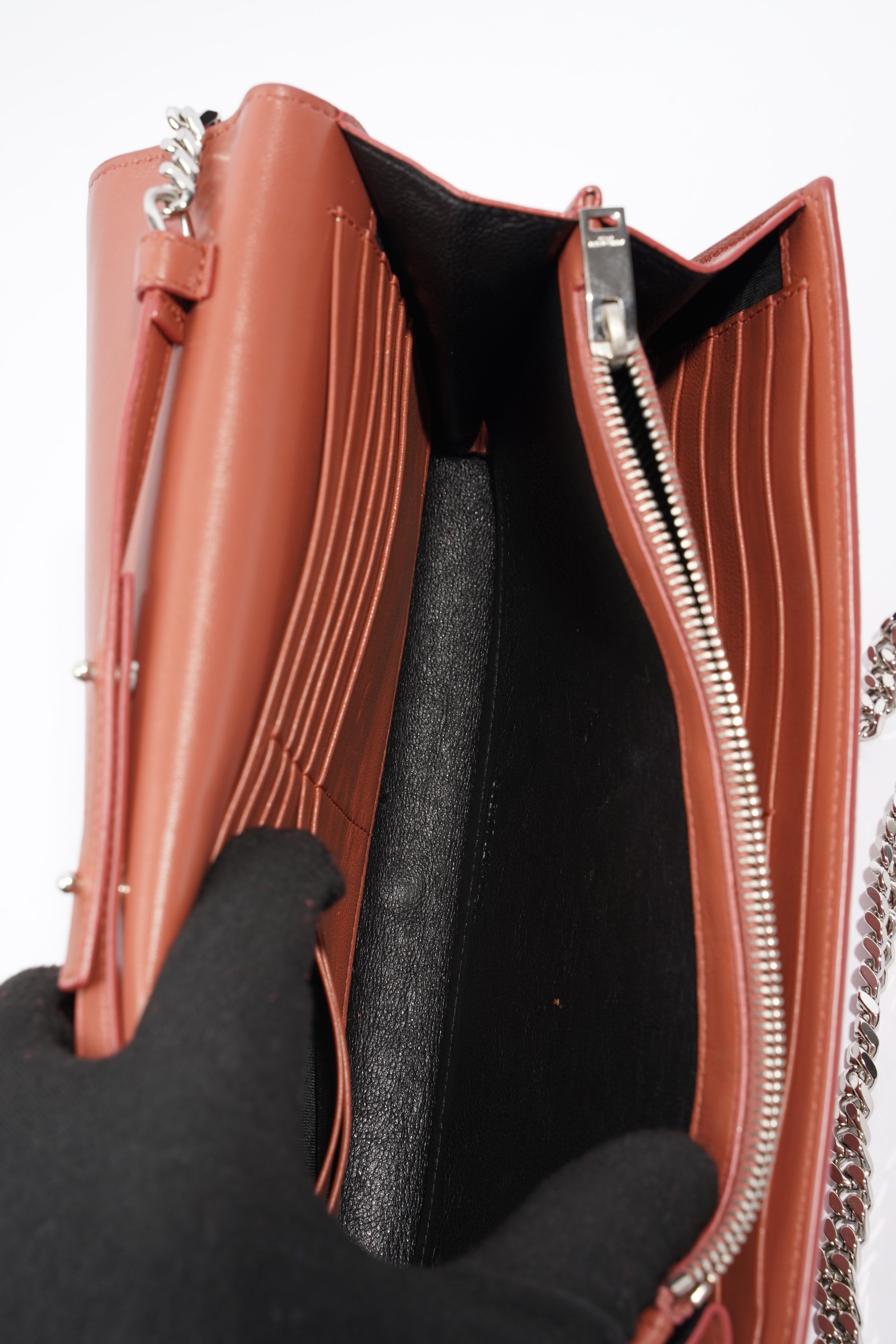 Saint Laurent Chain Wallet Dark Pink Embossed Leather