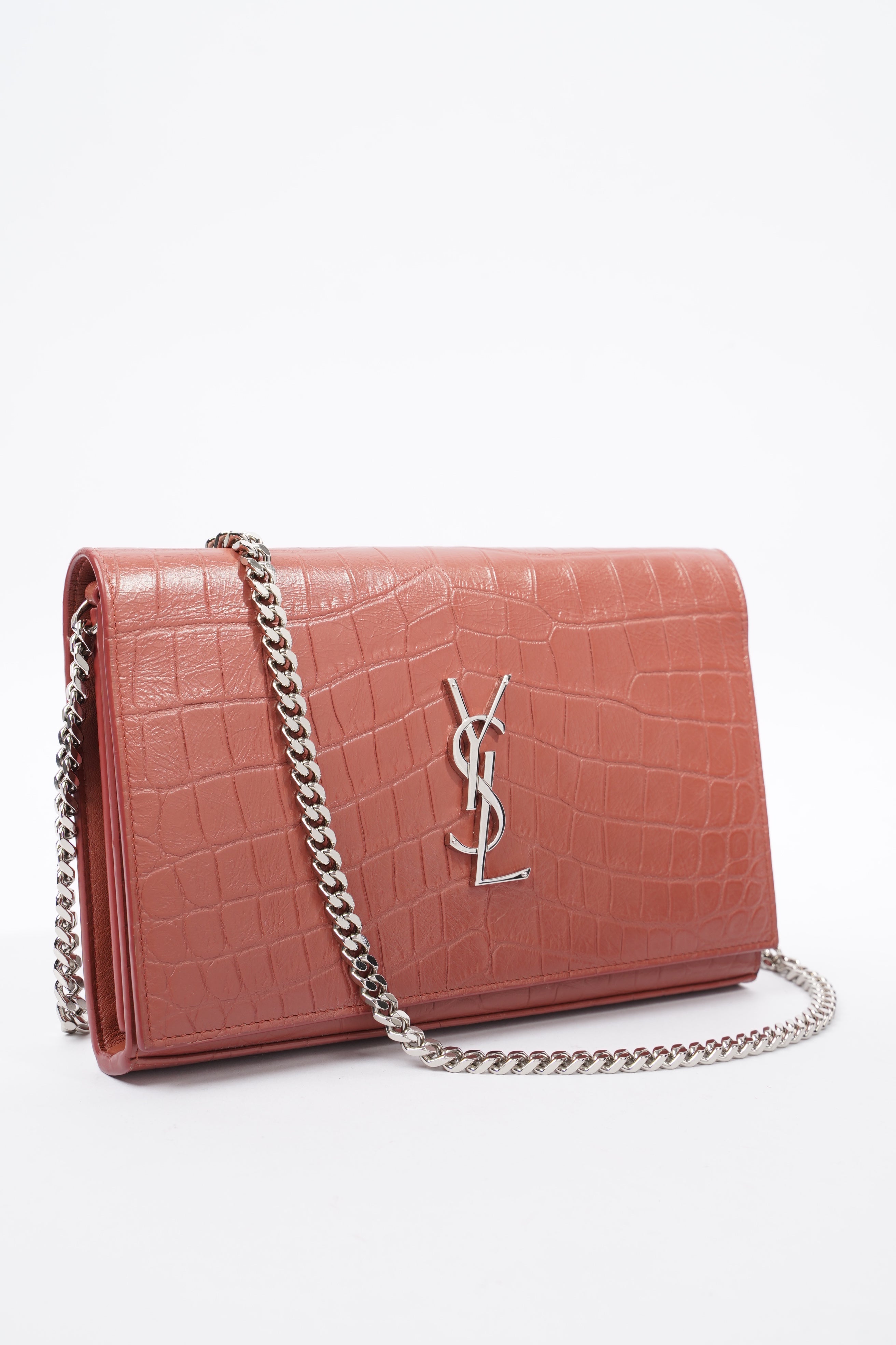 Saint Laurent Chain Wallet Dark Pink Embossed Leather