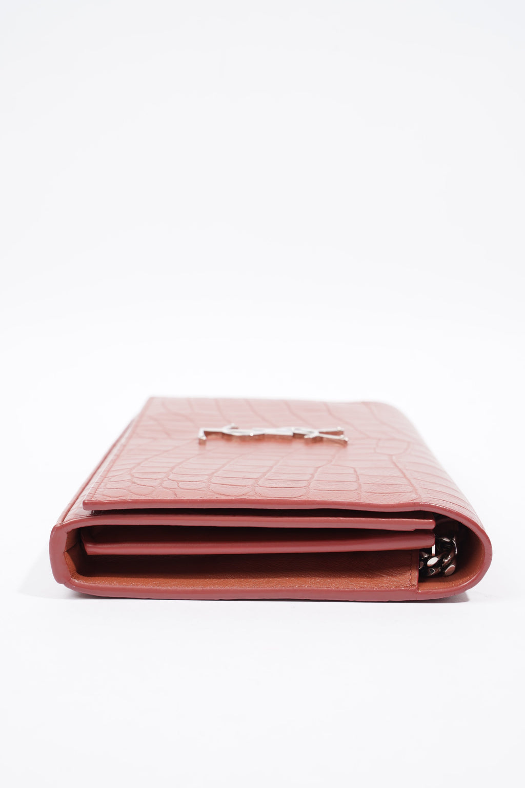 Saint Laurent Chain Wallet Dark Pink Embossed Leather
