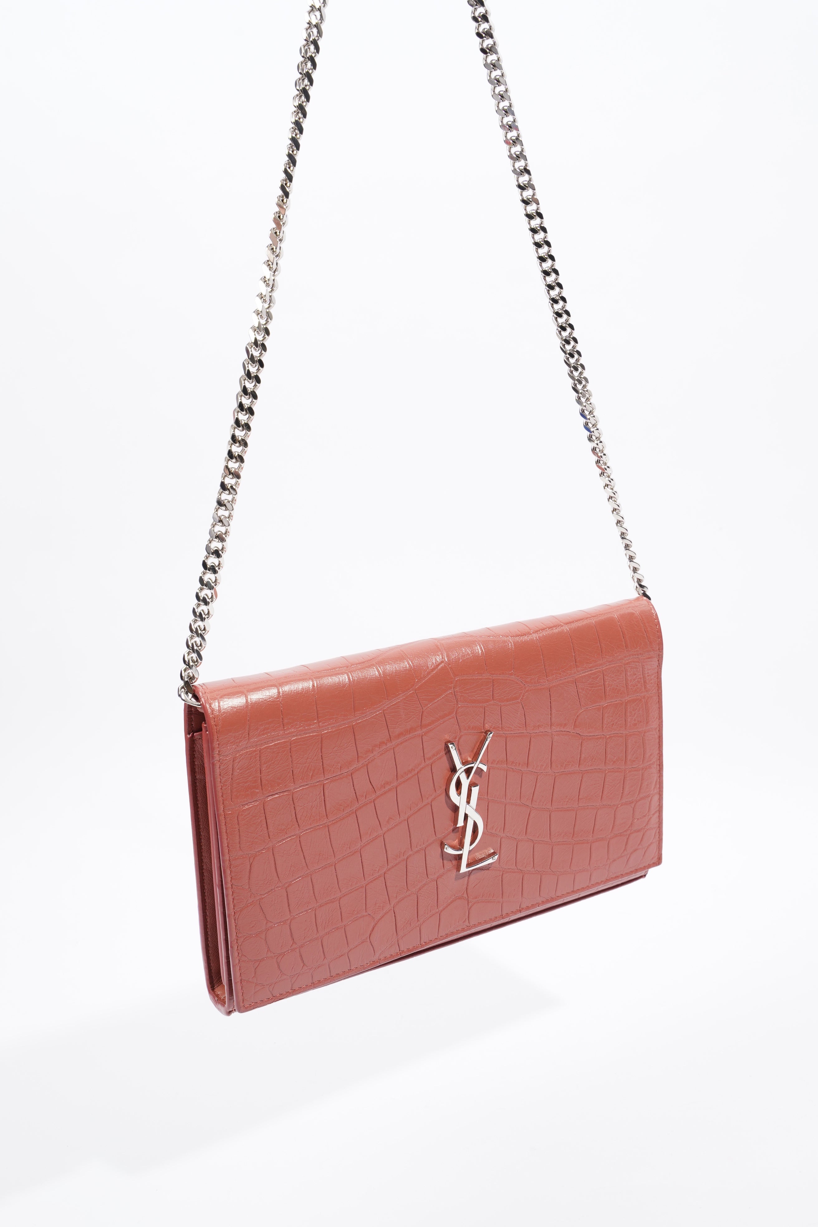 Saint Laurent Chain Wallet Dark Pink Embossed Leather