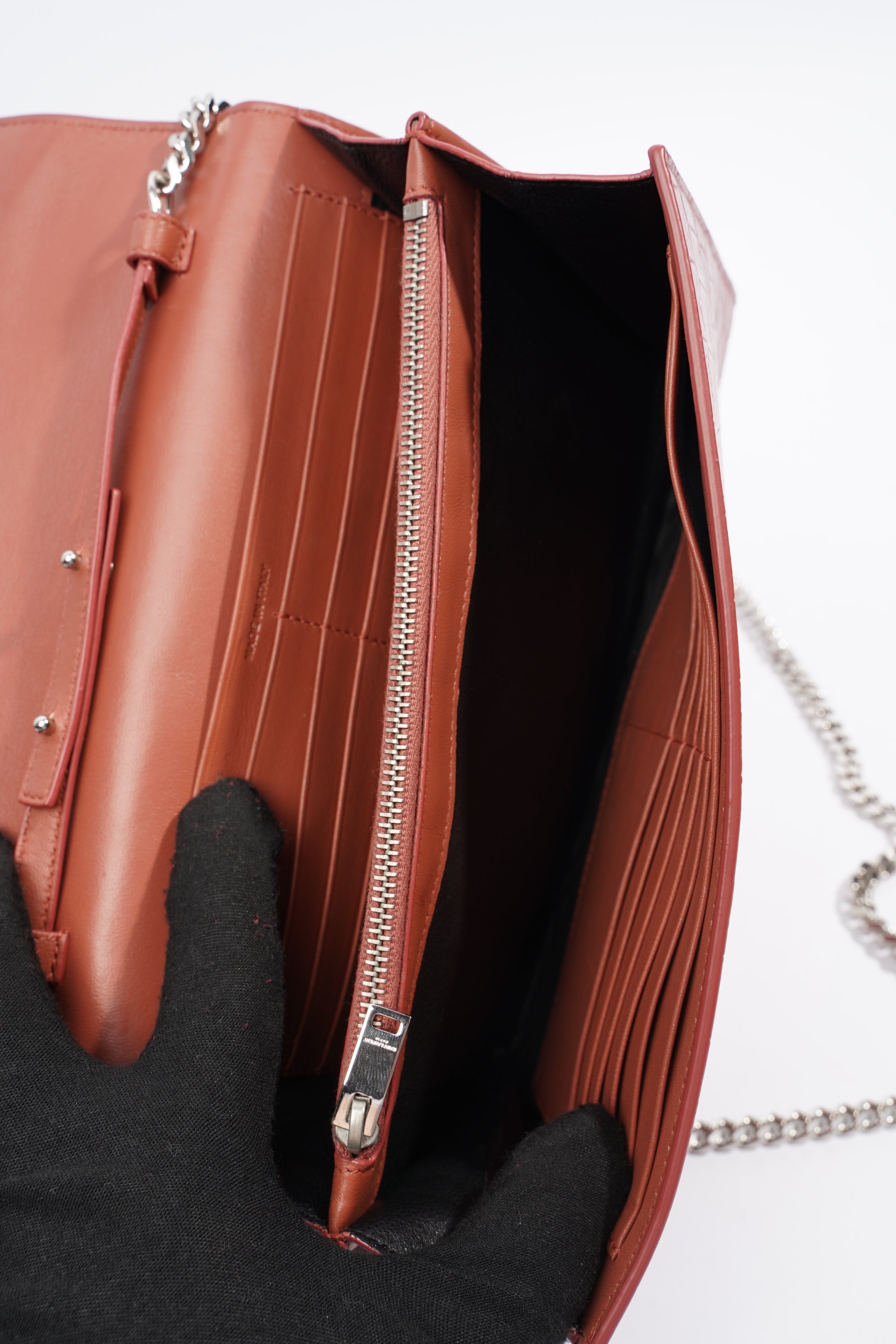Saint Laurent Chain Wallet Dark Pink Embossed Leather