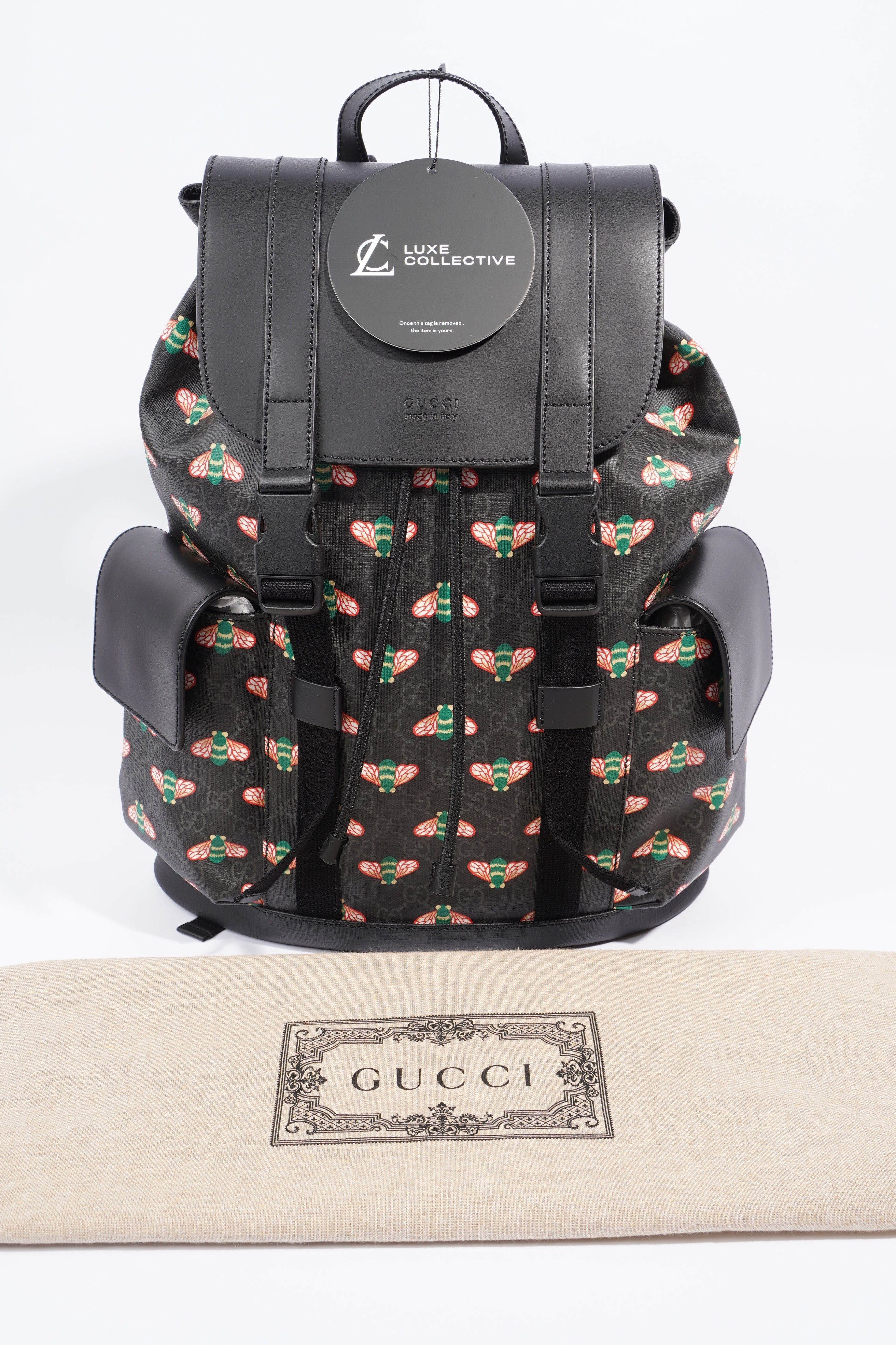 Gucci GG Supreme Bee Backpack Black / Red And Green Bee Print Coated Canvas