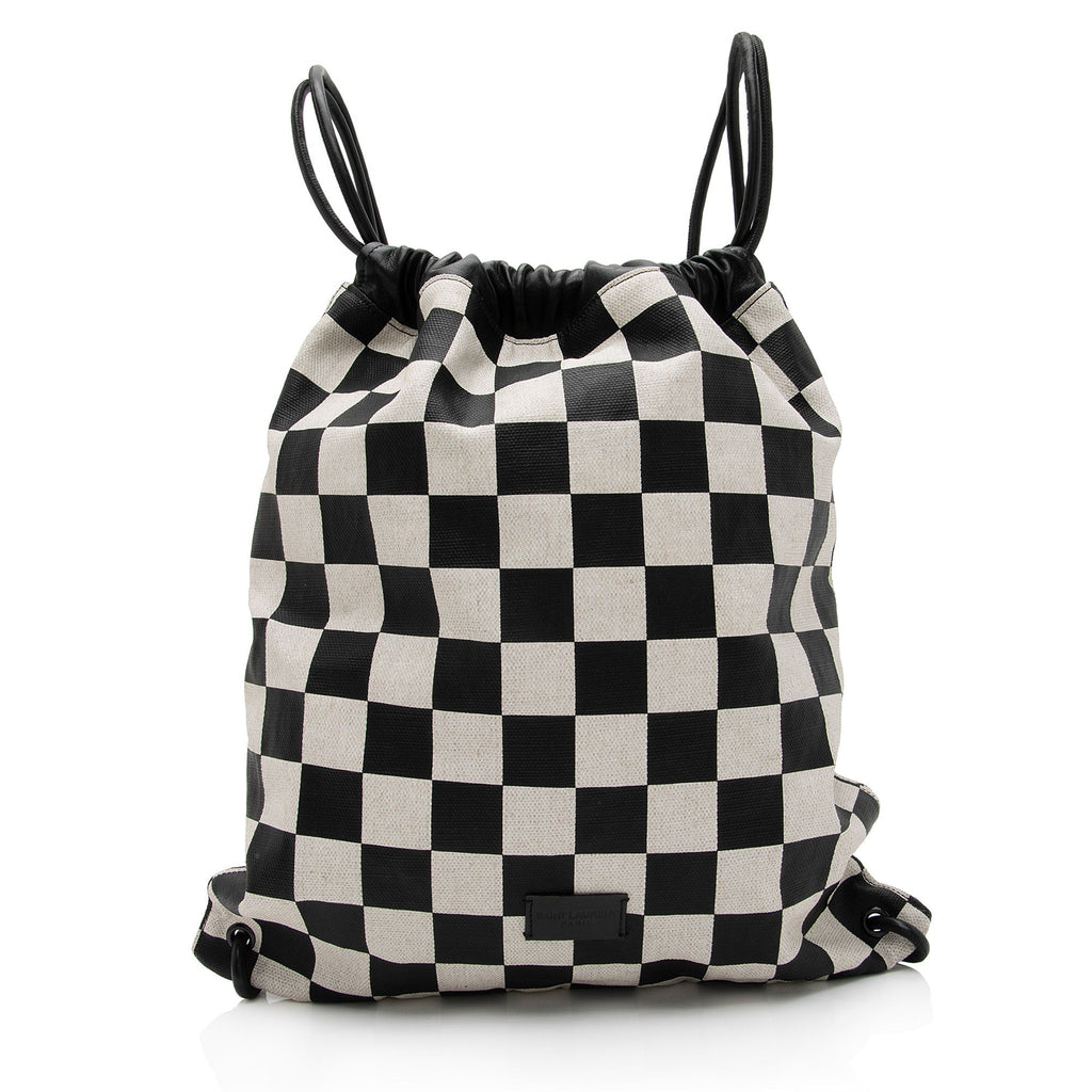 Saint Laurent Coated Canvas Checkered Teddy Drawstring Backpack (SHF-kt7eWZ)