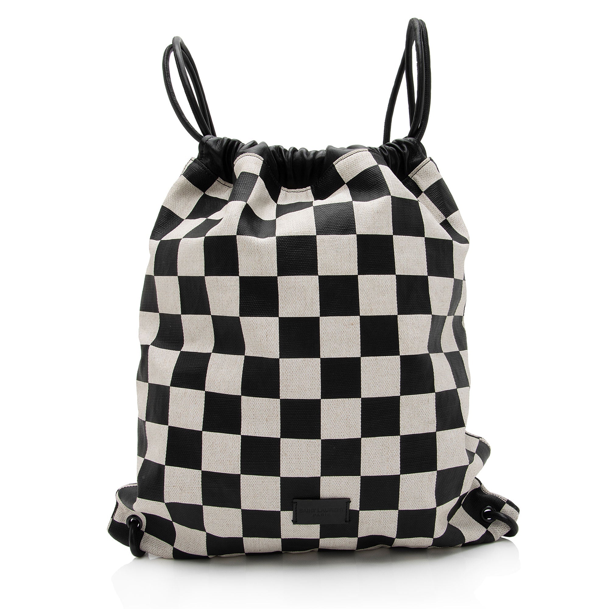 Saint Laurent Coated Canvas Checkered Teddy Drawstring Backpack (SHF-kt7eWZ)