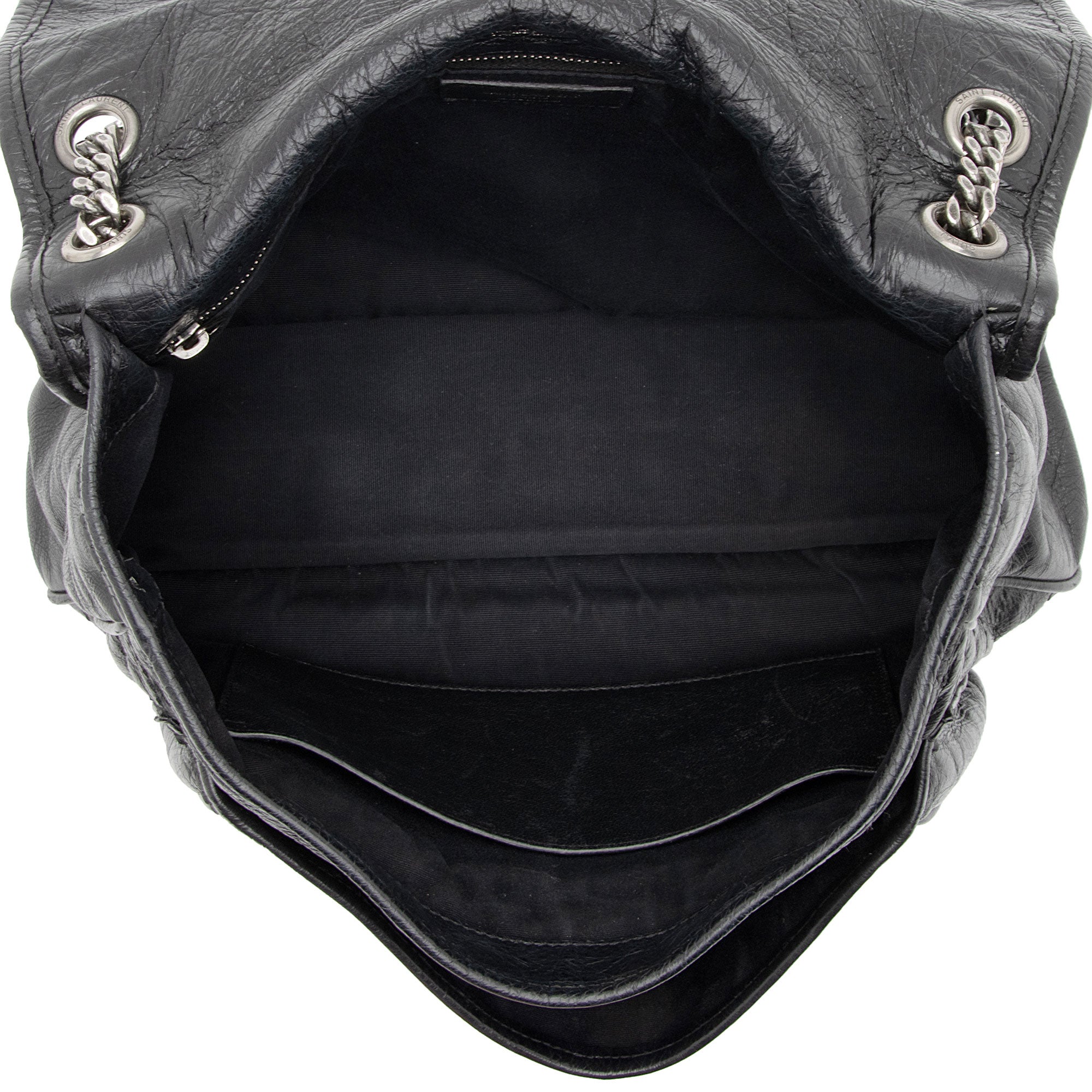 Saint Laurent Crinkled Calfskin Matte Black Monogram Niki Large Shoulder Bag (SHF-eFW25Q)