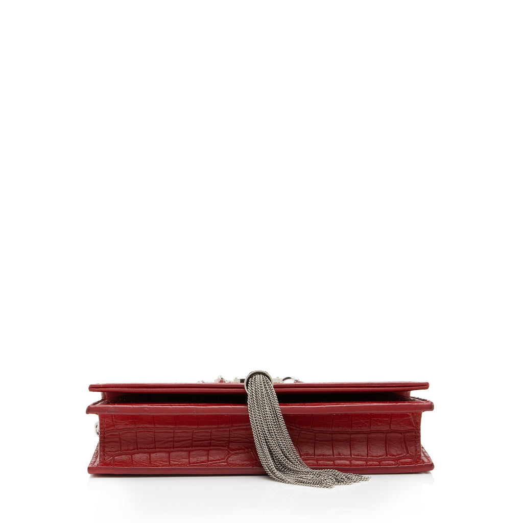 Saint Laurent Croc Embossed Leather Monogram Kate Tassel Chain Wallet (SHF-AKAj5y)