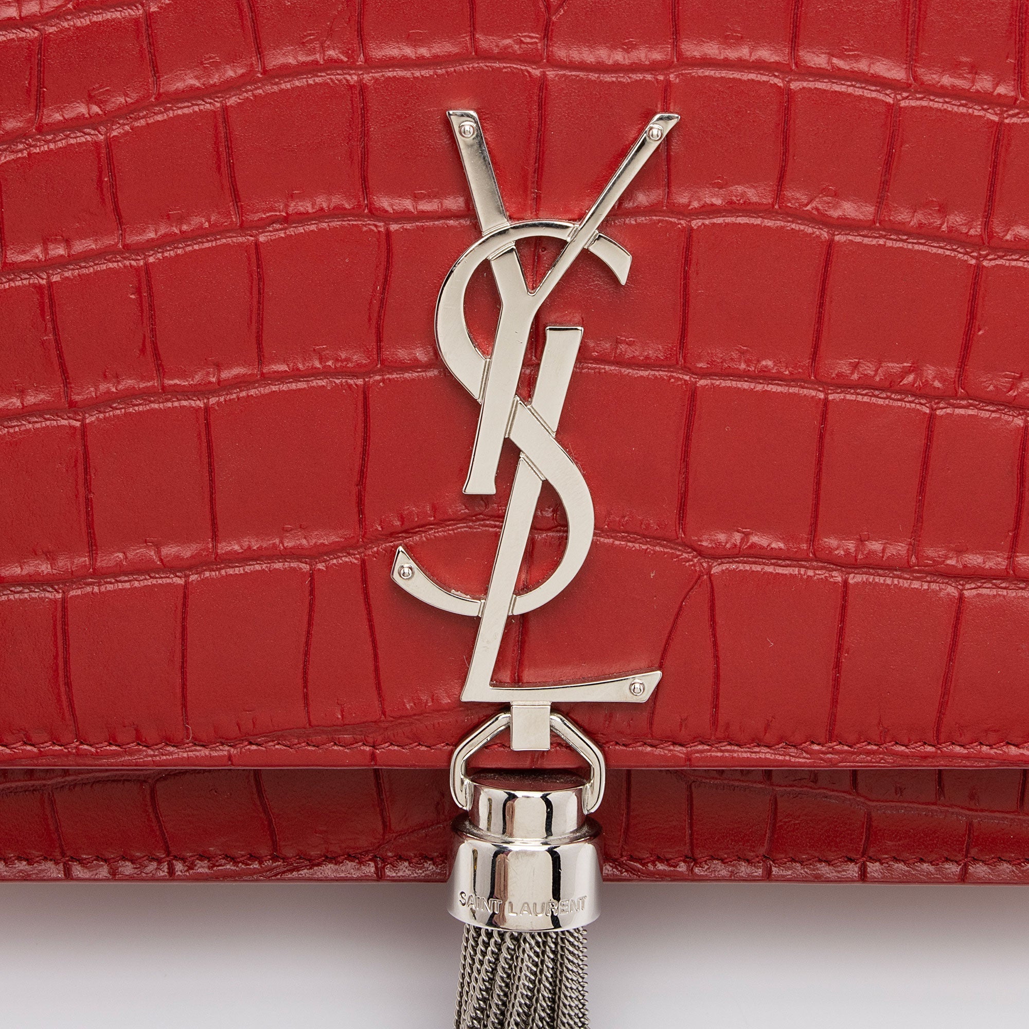 Saint Laurent Croc Embossed Leather Monogram Kate Tassel Chain Wallet (SHF-AKAj5y)