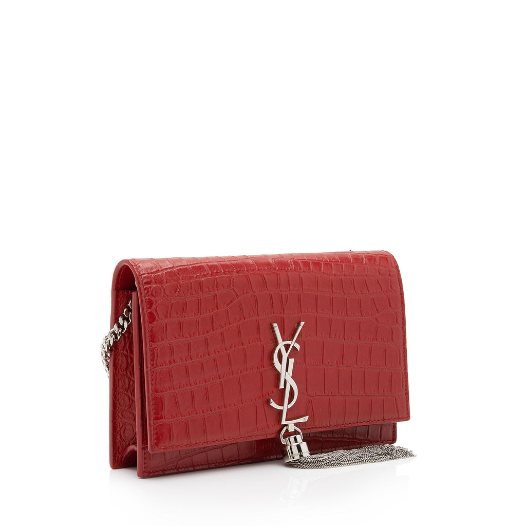 Saint Laurent Croc Embossed Leather Monogram Kate Tassel Chain Wallet (SHF-AKAj5y)