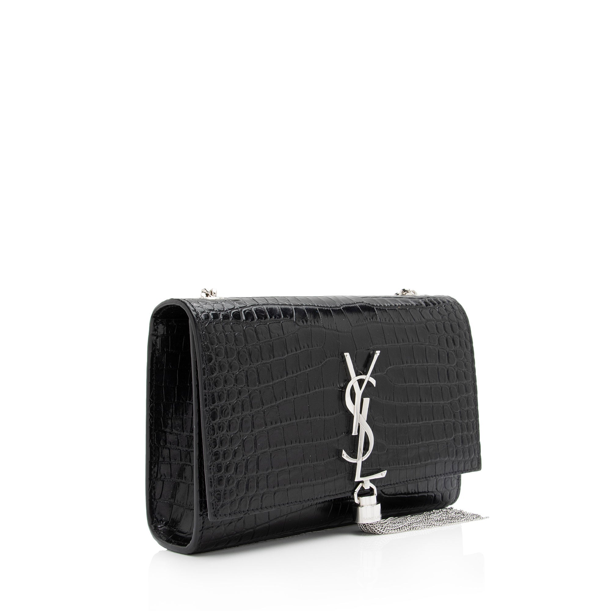 Saint Laurent Croc Embossed Leather Monogram Kate Tassel Small Shoulder Bag (SHF-BWswR2)