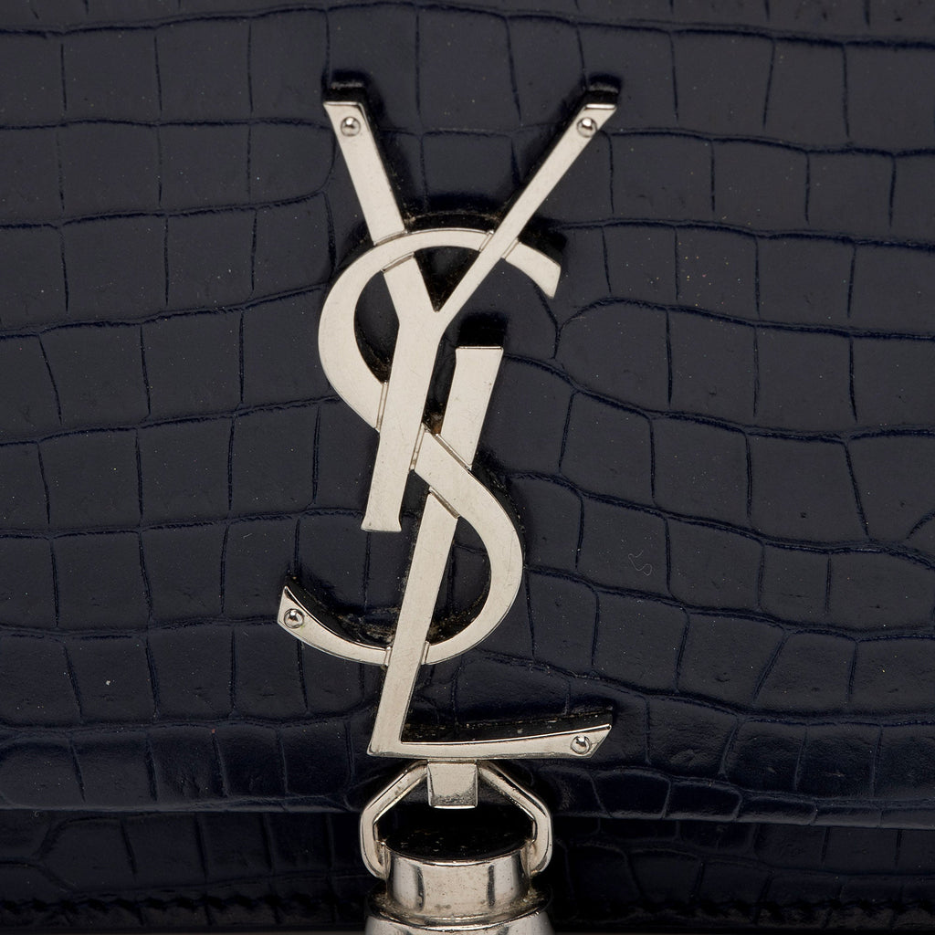 Saint Laurent Croc Embossed Leather Monogram Kate Tassel Small Shoulder Bag (SHF-lTeWCR)
