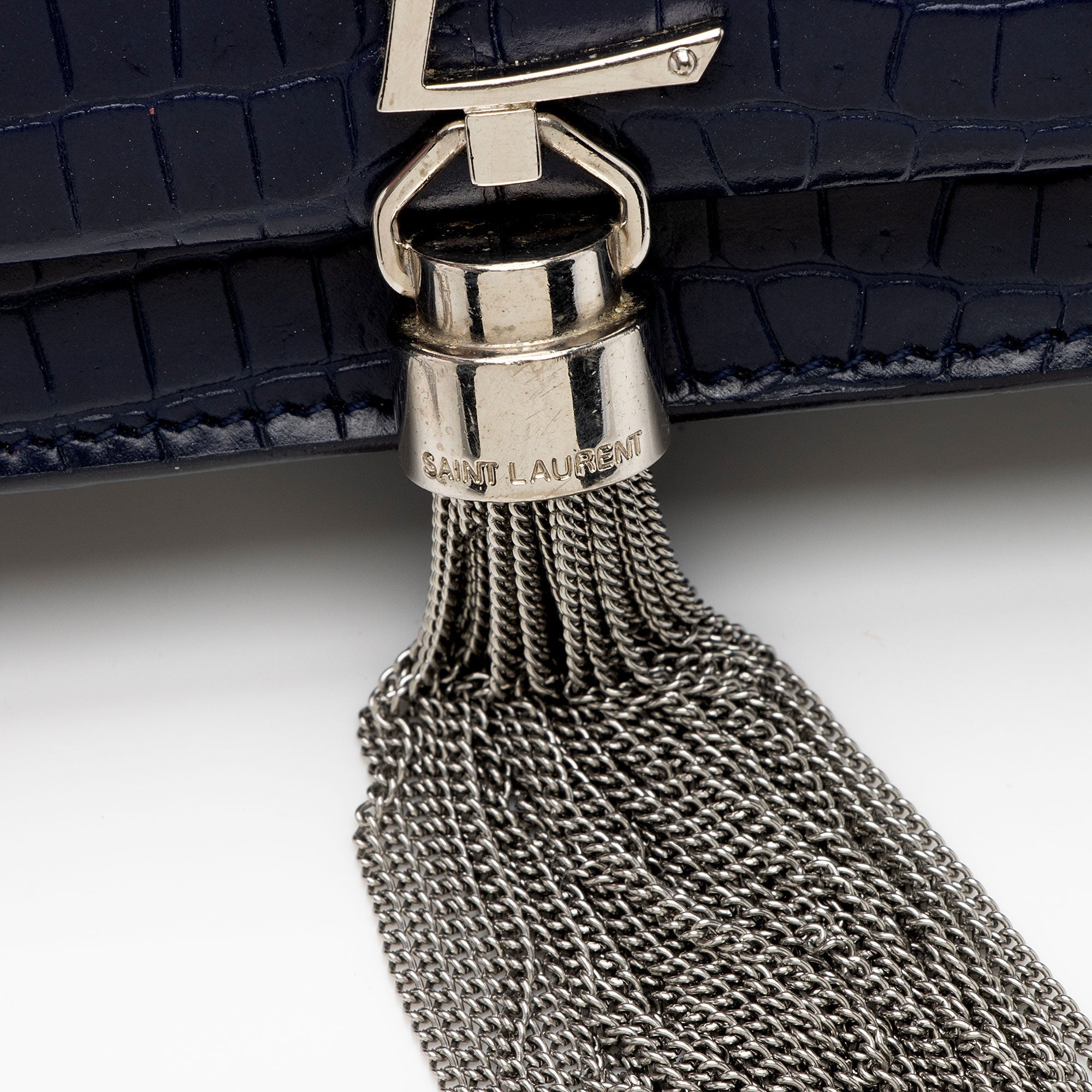 Saint Laurent Croc Embossed Leather Monogram Kate Tassel Small Shoulder Bag (SHF-lTeWCR)